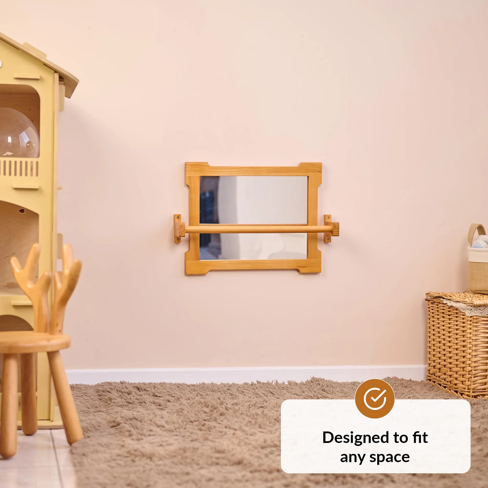 ODOXIA Montessori Spiegel mit Stange für Kleinkinder | Mit Griff zum Stehen & Gehen | Holzrahmen für Motorik & Entwicklung | Perfekt Spielzimmer & Klassenzimmer | Baby