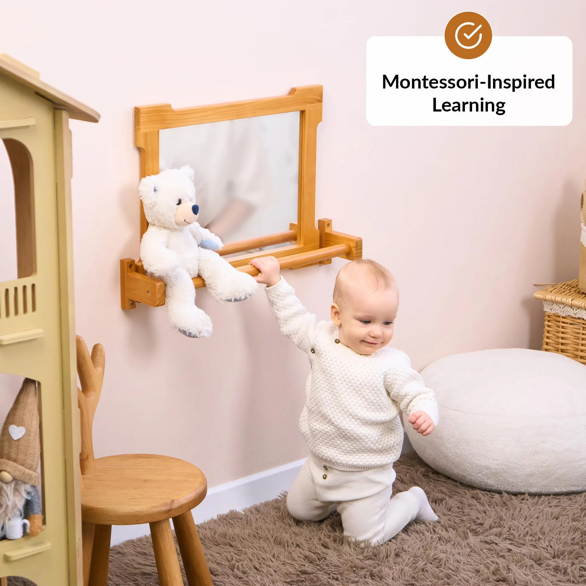 ODOXIA Montessori Spiegel mit Stange für Kleinkinder | Mit Griff zum Stehen & Gehen | Holzrahmen für Motorik & Entwicklung | Perfekt Spielzimmer & Klassenzimmer | Baby