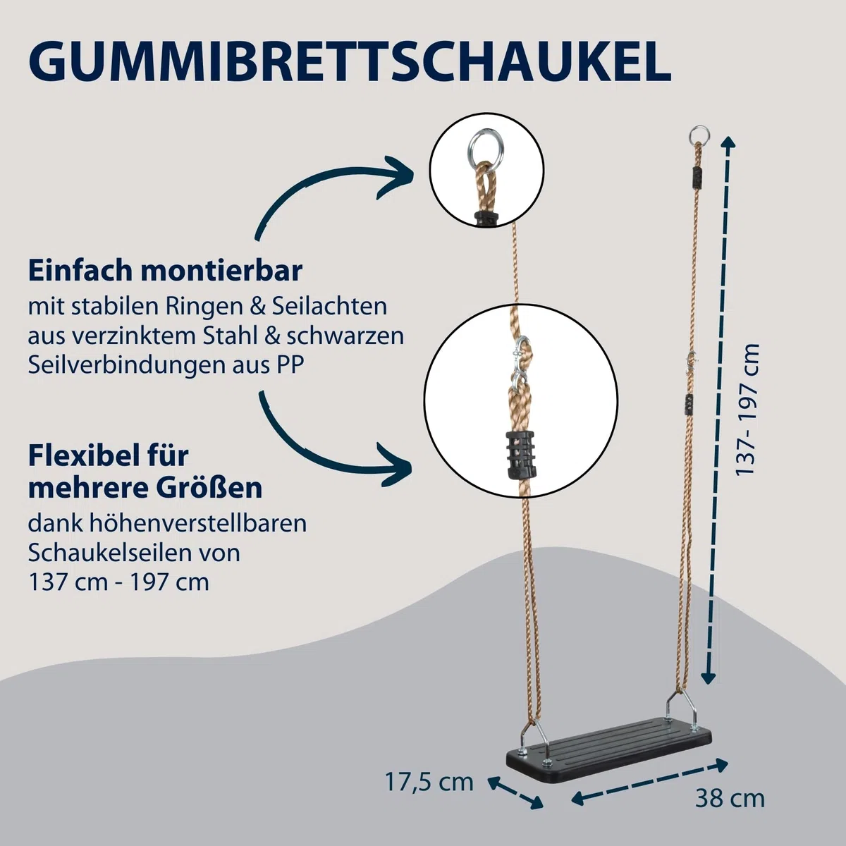 HUDORA Brettschaukel in Schwarz - Outdoor Kinder-Schaukelsitz aus Gummi - TÜV Rheinland/GS geprüfte Kinderschaukel mit höhenverstellbaren Seilen - Schaukelbrett für Kinder & Erwachsene bis 100 kg