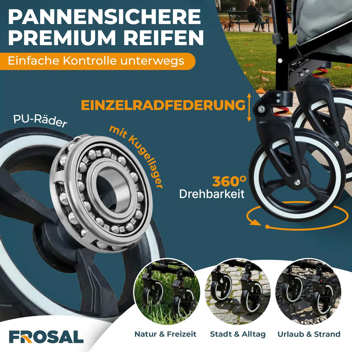 FROSAL Bollerwagen Paul faltbar mit Dach – Handwagen klappbar für Kinder, Strand, Camping & Garten – 80kg belastbar – gefederte Räder, Bremse, Schiebegriff & Zugstange – grau
