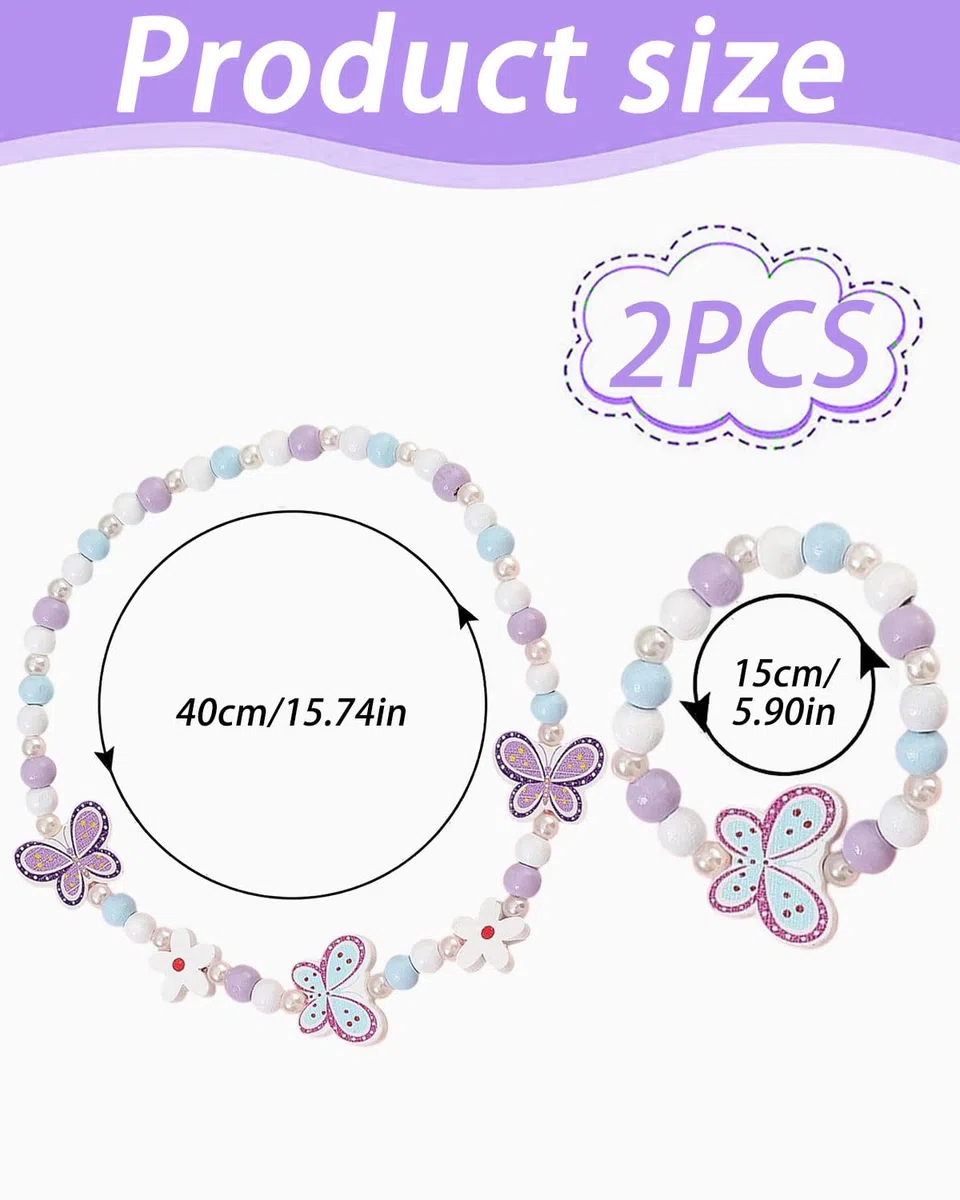 2 Teiliges Kinderschmuck Set Holz Halskette und Armband für Kinder Schmuck Set Kette,Niedliche Schleifenarmbänder, Kinderschmuck Aus Holz, Schmuckset Für Mädchen