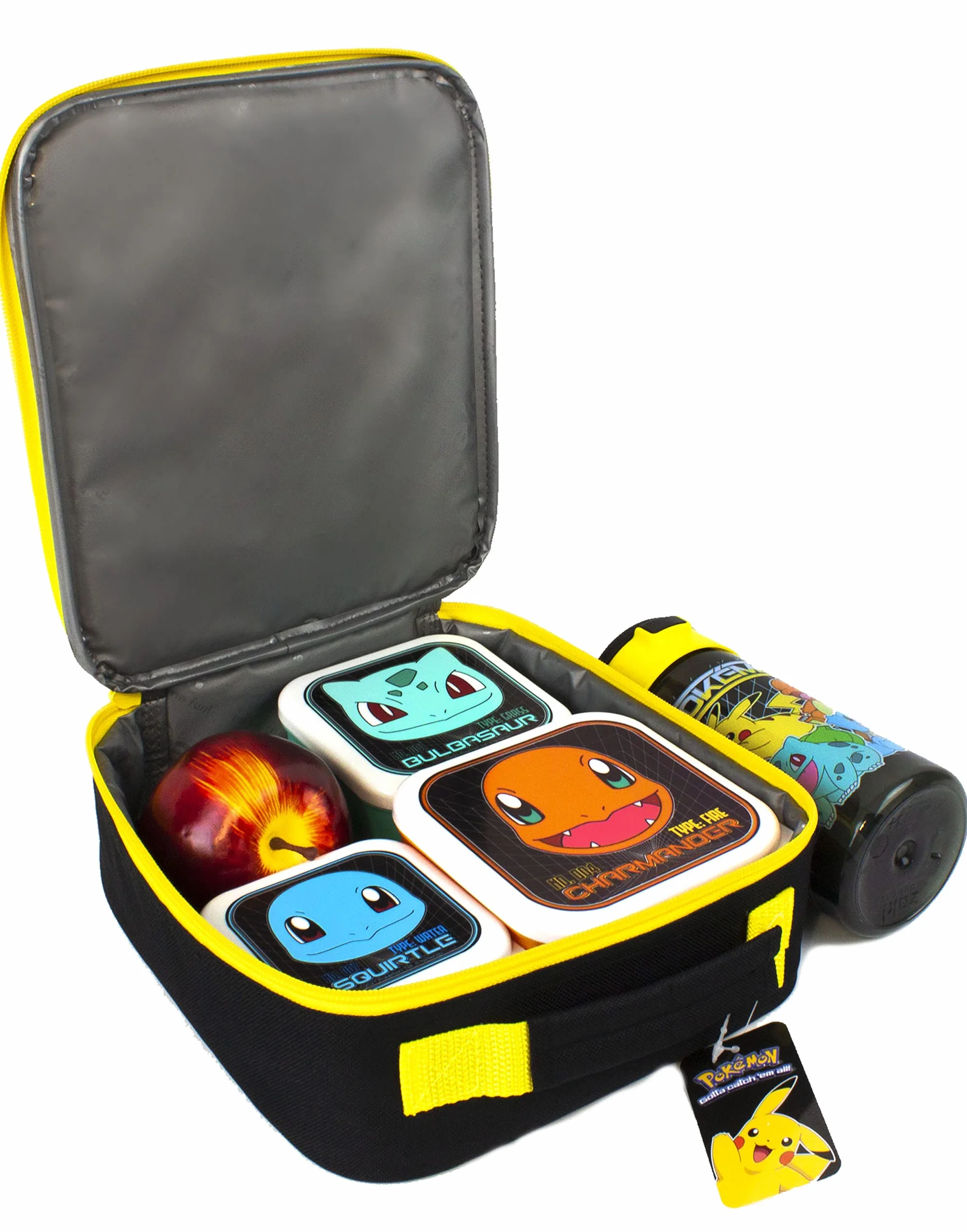 Pokemon Lunchtaschen-Set | Abenteuer mit Pikachu, Bulbasaur, Squirtle, Charmander | 5-teilige Schulessentasche mit BPA-freier Wasserflasche und Snacktöpfen | Spaß in Einheitsgröße