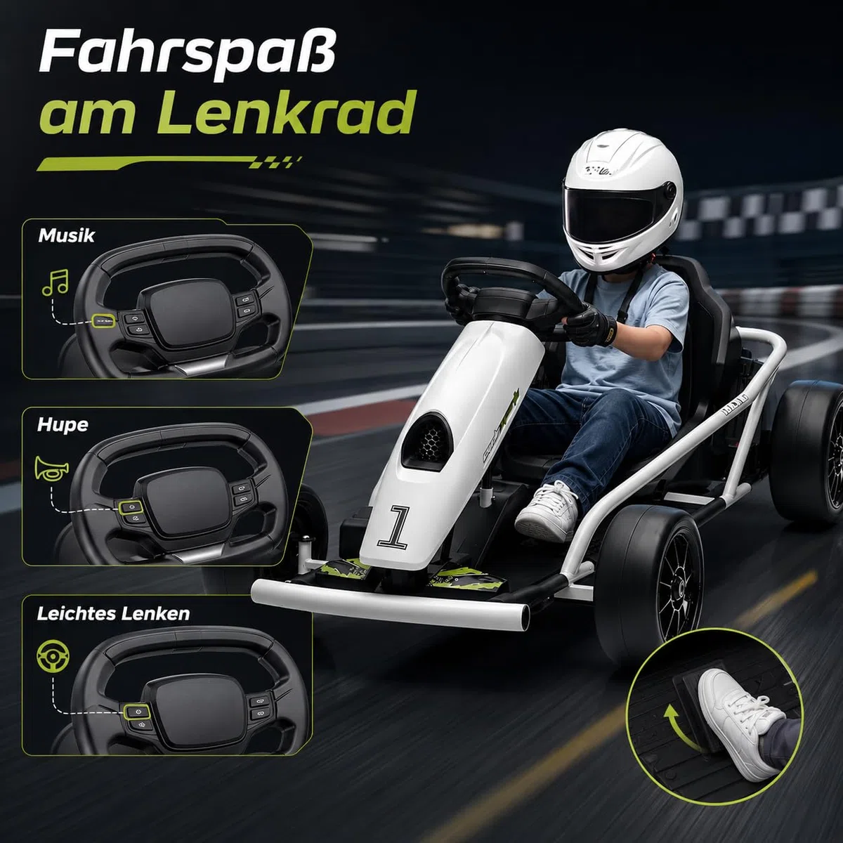 IDEALHOUSE Elektro GoKart 24V, Kinderfahrzeug Mit Drift-Funktion | 24V Kinder Elektro GoKart mit 2x300W Motoren, Drift-Funktion, Sicherheitsgurt, Sanftanlauf, Musik und verstellbarem Sitz