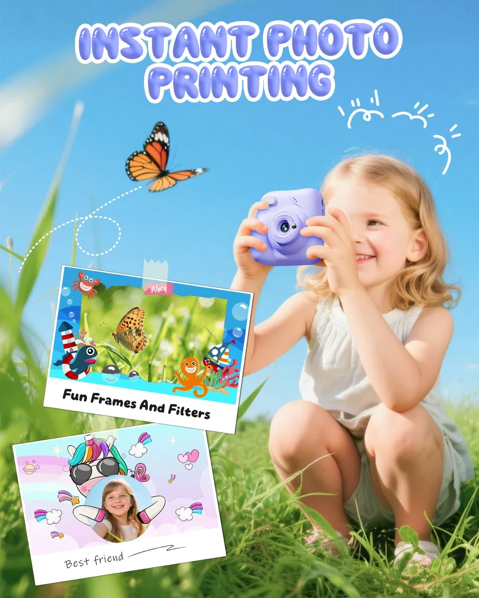 CAMCLID Kinderkamera Sofortbildkamera, 1080P Sofortbildkamera Kinder mit 32GB Karte & 3 Rollen Druckpapier, 48MP Digitalkamera Kinder Kamera, Geschenk für Jungen und Mädchen 3-12 Jahre (Lila)
