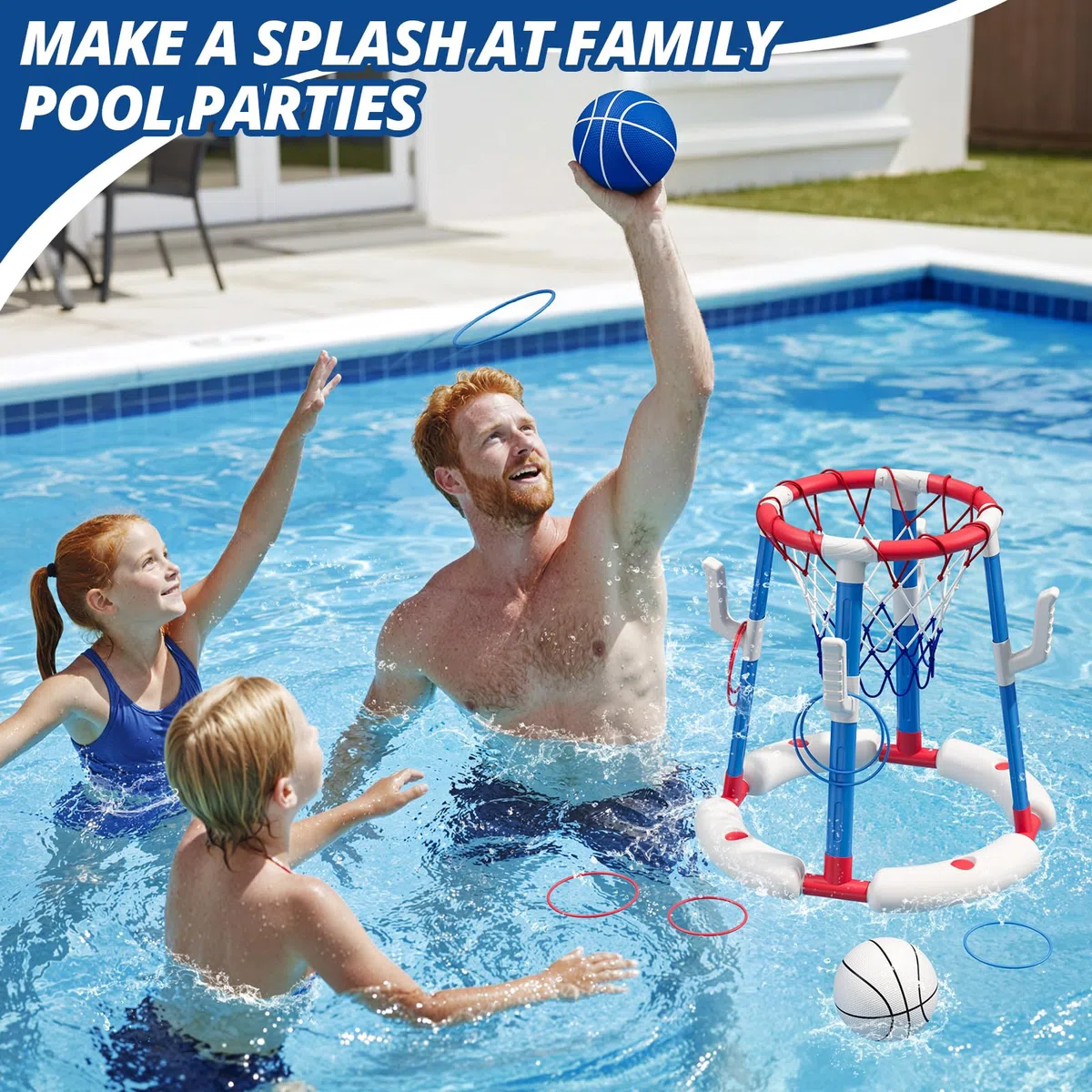 Pool Basketballkorb für Kinder, Wasserspielzeug Pool Basketball mit Backboard, 4 Bällen, 8 Ringen, Pumpe, Outdoor Schwimmbad Sommer Wasser Spielzeug Geschenke für Kinder 4-8 & Erwachsene, Rot