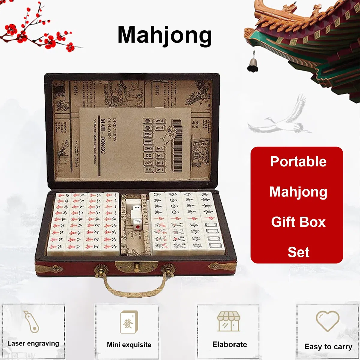 144 Mahjong Fliesen, Antique Mahjong Anzug Mahjong Set Reise Tragbares chinesisches Mah Jong antikes Familienspiel Töte langweilige Zeit für Erwachsene, lustige kleine Spiele
