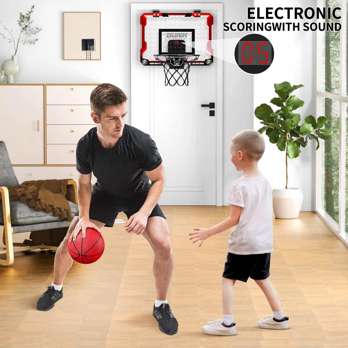 TEMI Basketballkorb Indoor, Mini-Basketballkorb mit 4 Bällen & elektronischer Anzeigetafel, über der Tür Basketballbrett, Basketballspielzeug für Jungen Mädchen Alter