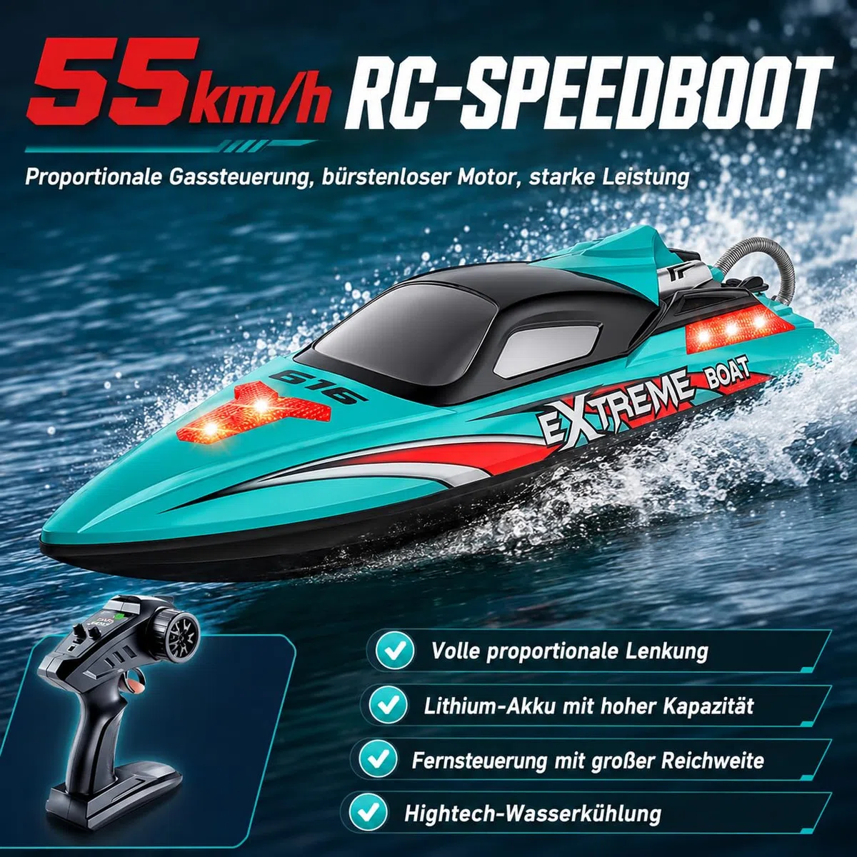 Ferngesteuertes Boot 55 km/h, RC Boot mit Bürstenlosem Motor & LED, Doppelt wasserdicht, Selbstaufrichtung & Reichweitenalarm, Motorboot für Erwachsene, für Pools und Seen