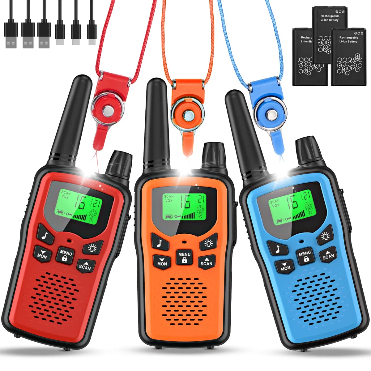 Walkie Talkie 3er Set Kinder Aufladbar, Rabigala Funkgeräte mit 5km großer Reichweite für Erwachsene, Li-ion Akku, VOX Freisprecheinrichtung, Taschenlampe LED, LCD