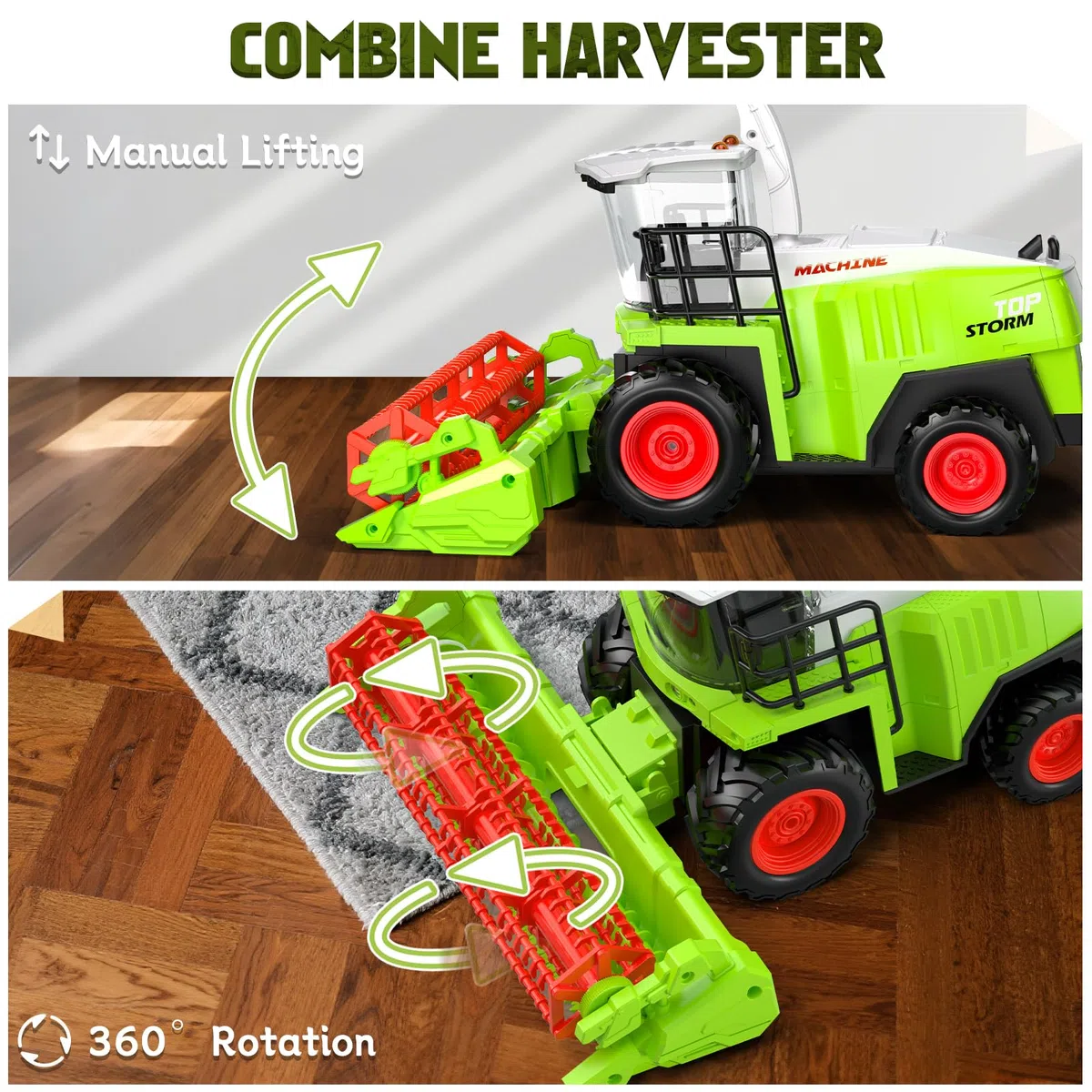 RC Mähdrescher Spielzeug Set mit Anhänger & Schwader, 2,4 GHz Ferngesteuert mit Licht & Sound, Robuster Traktor Spielzeug Kinder Geschenk ab 3 Jahre für Weihnachten/Geburtstag