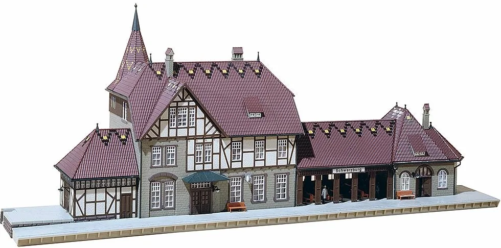 FALLER Bahnhof Schwarzburg Modellbausatz mit 406 Einzelteilen 550 x 185 x 230 mm I Modelleisenbahn Zubehör H0 Gebäude I Modelleisenbahn H0 Bahnhof