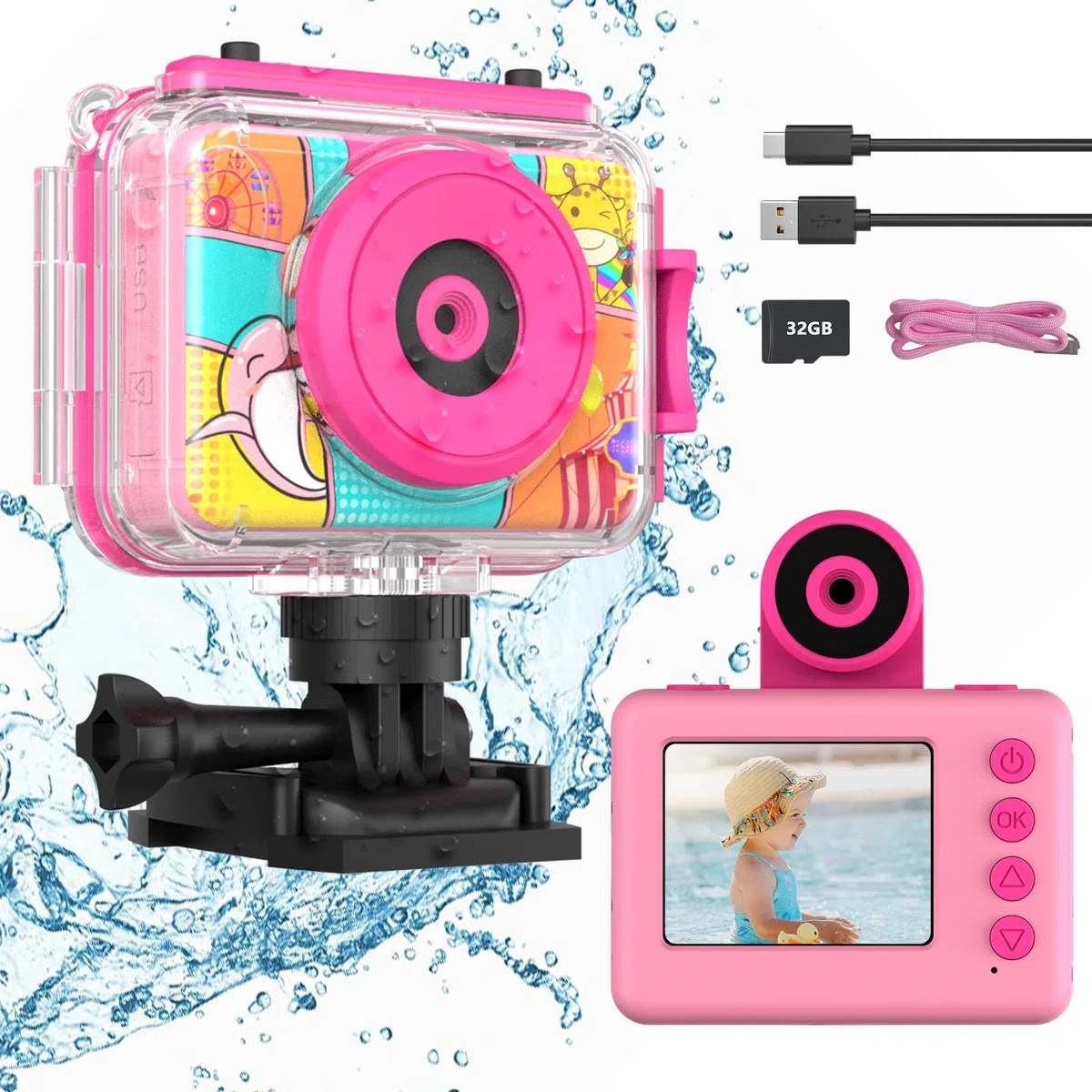 Ushining Kinderkamera, wasserdicht, 1080P Unterwasser-Videokamera, Kinder, digitale Selfie-Kamera mit Display 5,1 cm (2,0 Zoll), TF-Karte, 32 GB, Geschenk für Mädchen und Jungen, 3-12 Jahre, Rosa