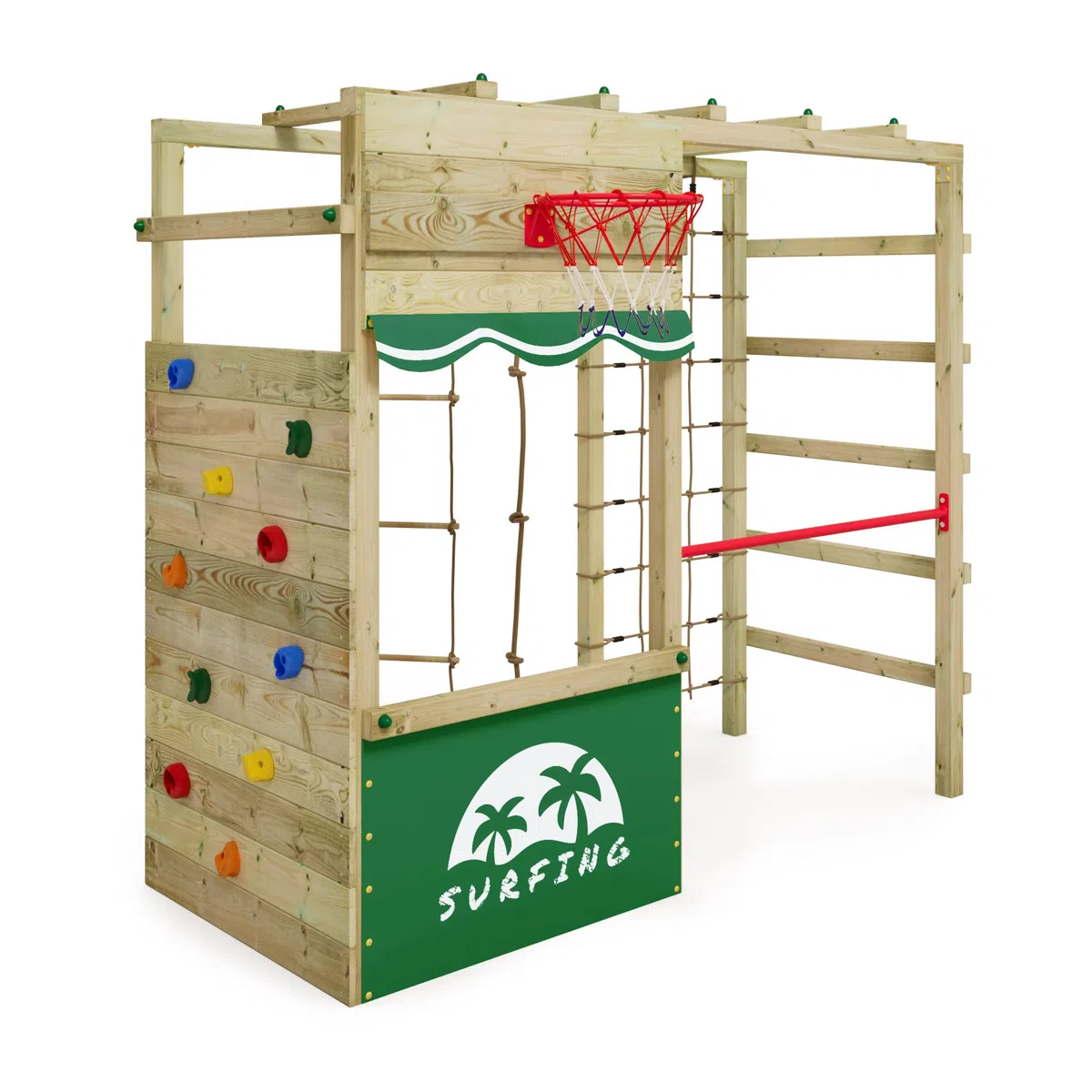 Wickey Klettergerüst Outdoor Spielturm Smart Action mit grüner Plane, Spielgerät mit Kletterwand, Basketballkorb & Spiel-Zubehör für Kinder im Garten aus Holz