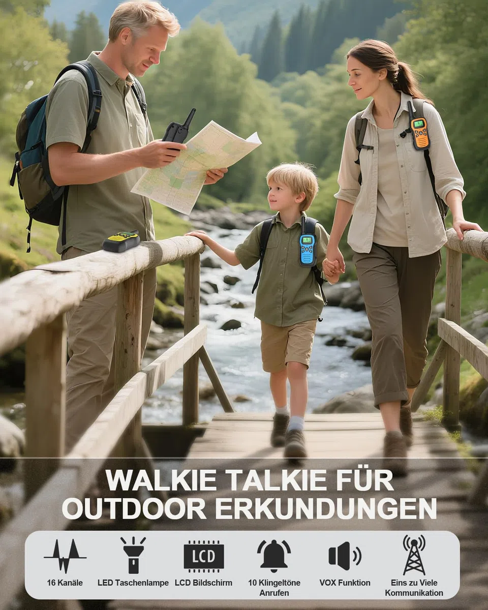 Walkie Talkie, Walkie Talkie Aufladbar für Kinder mit 16 Kanäle, 3er Set Funkgerät mit VOX Funktion, LED Taschenlampe, 3 Meilen Lange Distanz für Wandern Camping Abenteuer