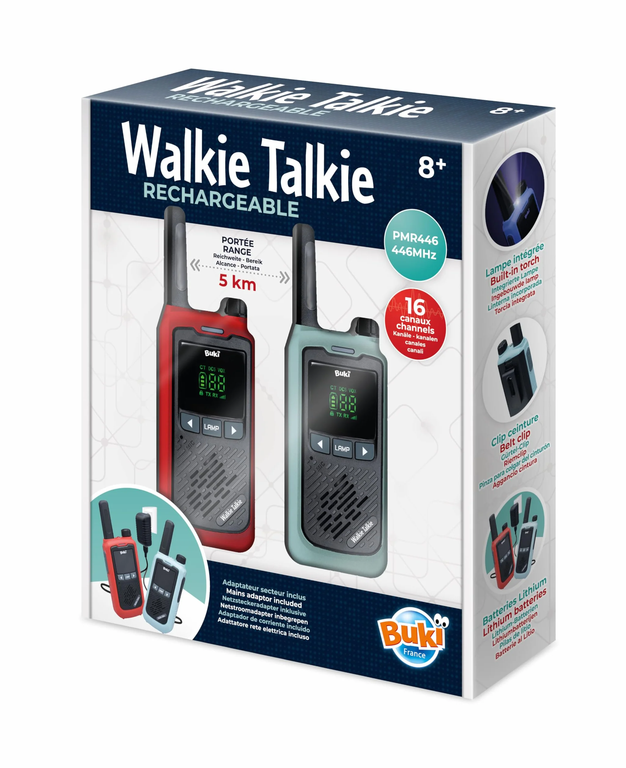 BUKI TW05 - Walkie-Talkies mit wiederaufladbarer Lithium-Batterie – 5 km Reichweite, 16 Kanäle, schwarz