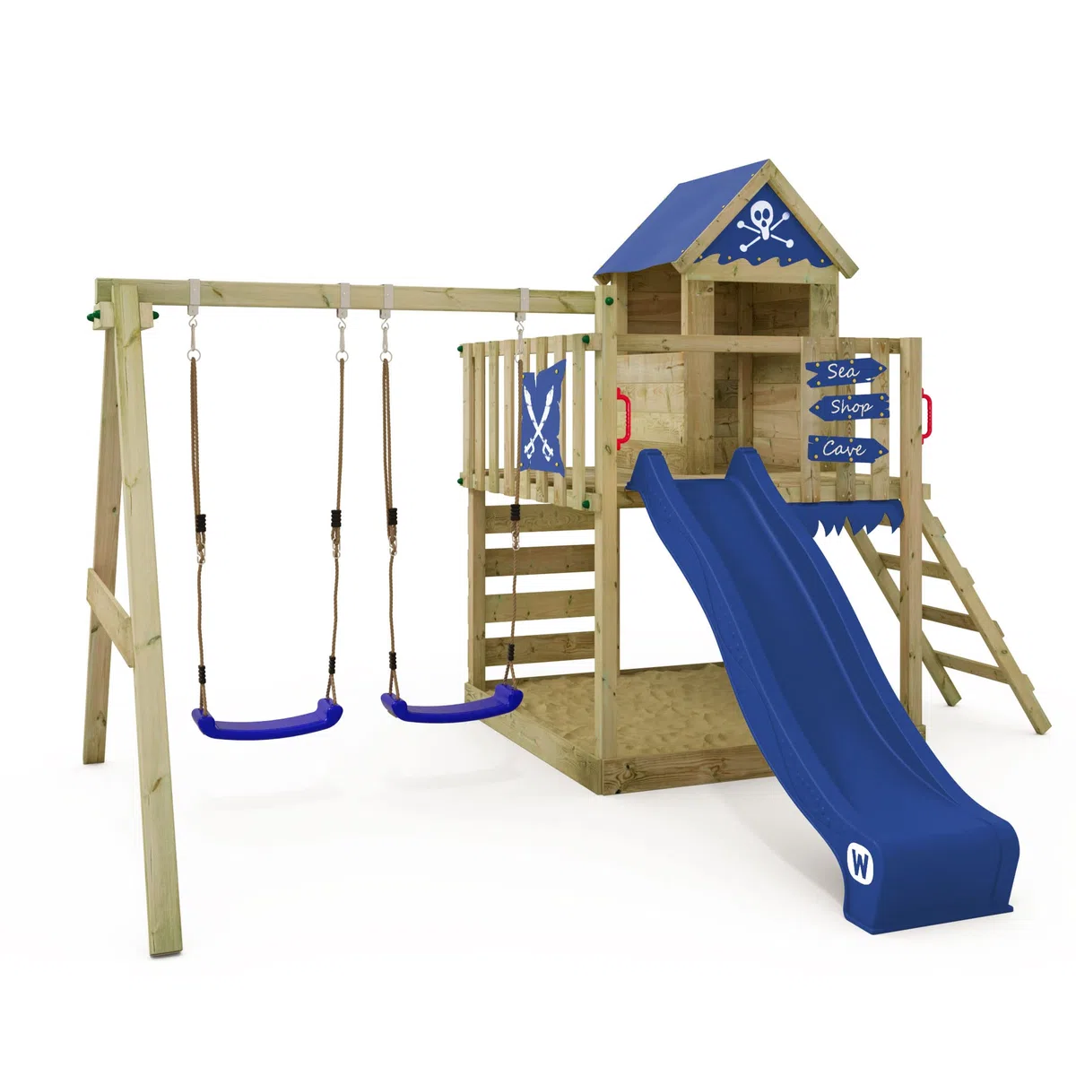 WICKEY Spielturm Smart Cave Klettergerüst, blau | mit Schaukel & Rutsche, Outdoor Kinder Kletterturm, mit Sandkasten, Leiter & Spiel-Zubehör für den Garten