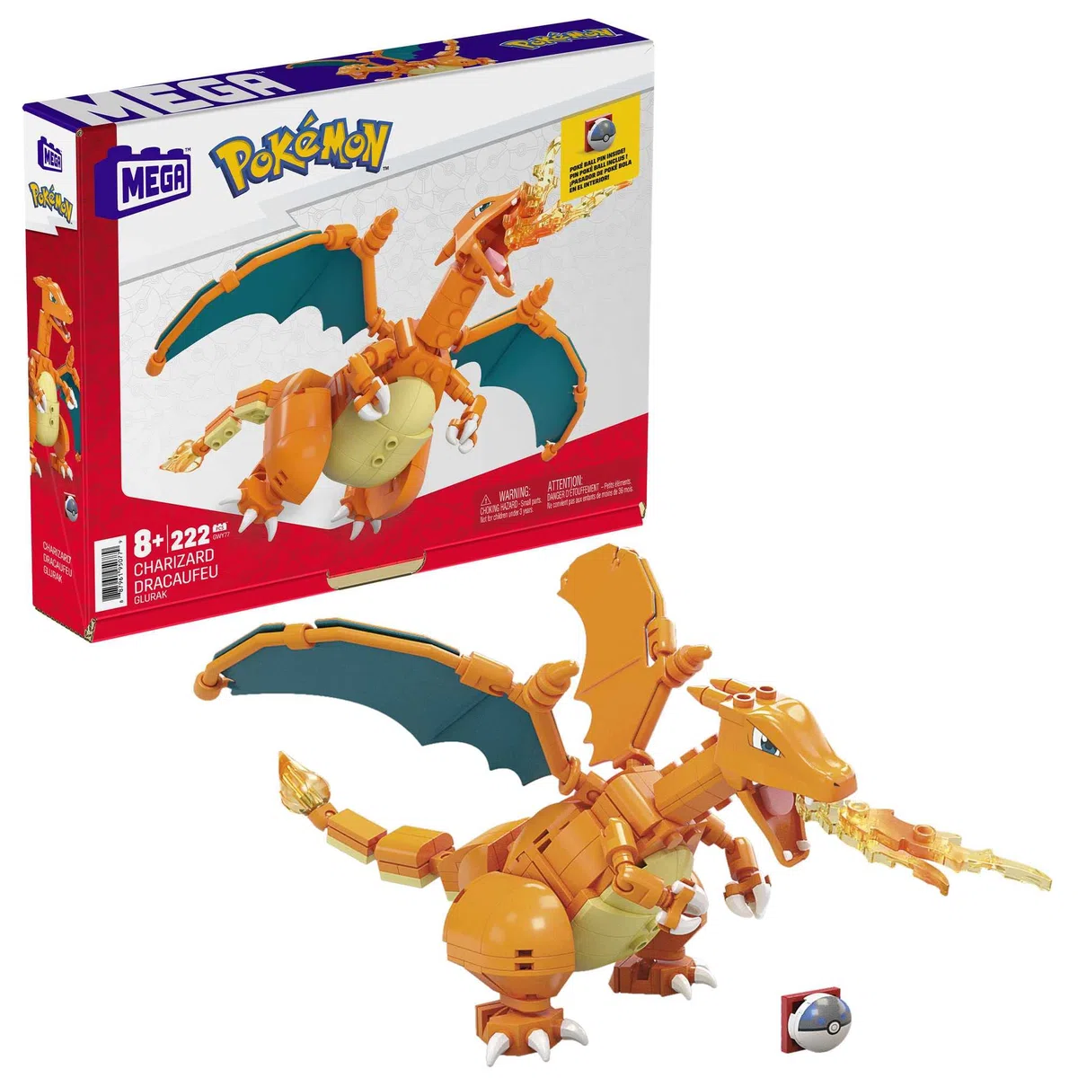 Mega Pokémon Glurak, Figur zum Zusammenbauen, 223 Bausteinen, mit beweglichen Flügeln und Pokéball-Stift, Pokémon Spielzeug, ab 6 Jahre, GWY77