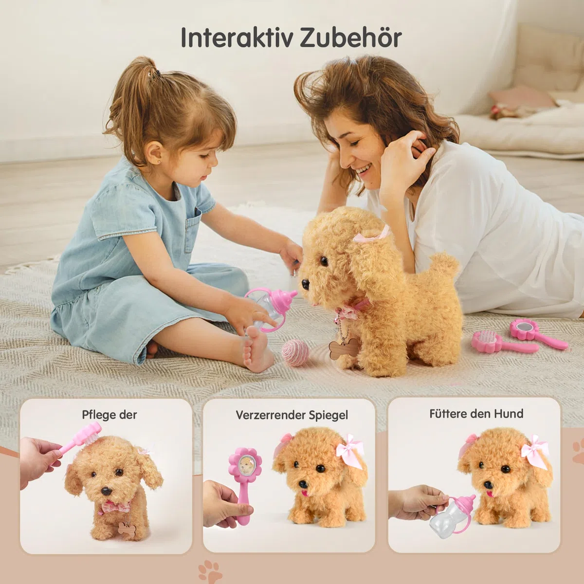 Interaktives Haustier Hund mit Funktion für Kinder,Hund mit Leine der Läuft und Bellt Spielzeug mit Gehen,Bellen,Schwanzwedeln,Elektronisches HaustierHund für Kleinkinder Mädchen Junge
