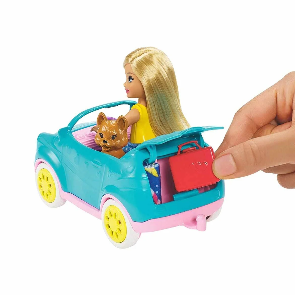 Barbie Chelsea Serie, Chelsea Auto und Camper Set mit 10+ Barbie Camping Accessoires, 1x Chelsea Puppe, Teal Auto und Pink Mini Camper, Geschenke für Kinder ab 3 Jahren,FXG90