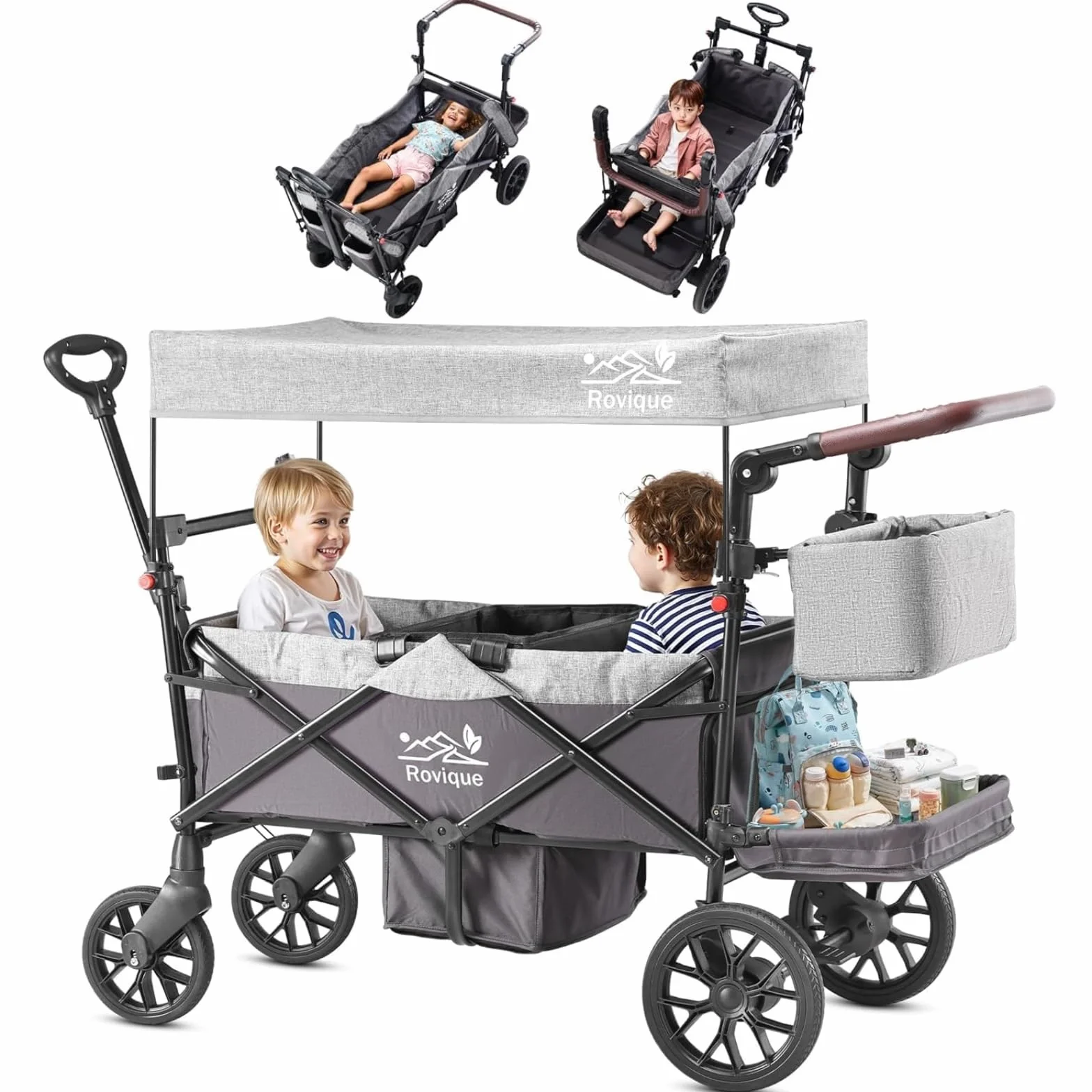 Bollerwagen für 2 Kinder, faltbarer Kleinkinderwagen mit Dach und abnehmbarem Tablett,Tür mit Reißverschluss,5-Punkt-Gurt, verstellbarer Griff, Bollerwagen mit Sitz (Grau)