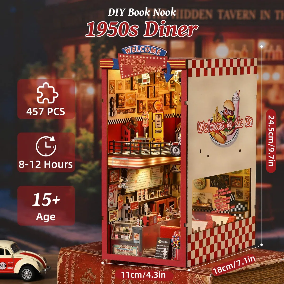 fifijoy Book Nook Kit - DIY Miniaturhaus Puppenhaus Kit für Erwachsene und Jugendliche, Booknook Retro Diner Bücherregal Dekor 3D Holzpuzzle mit LED-Licht, Geschenke für Familie und Freunde (1950er