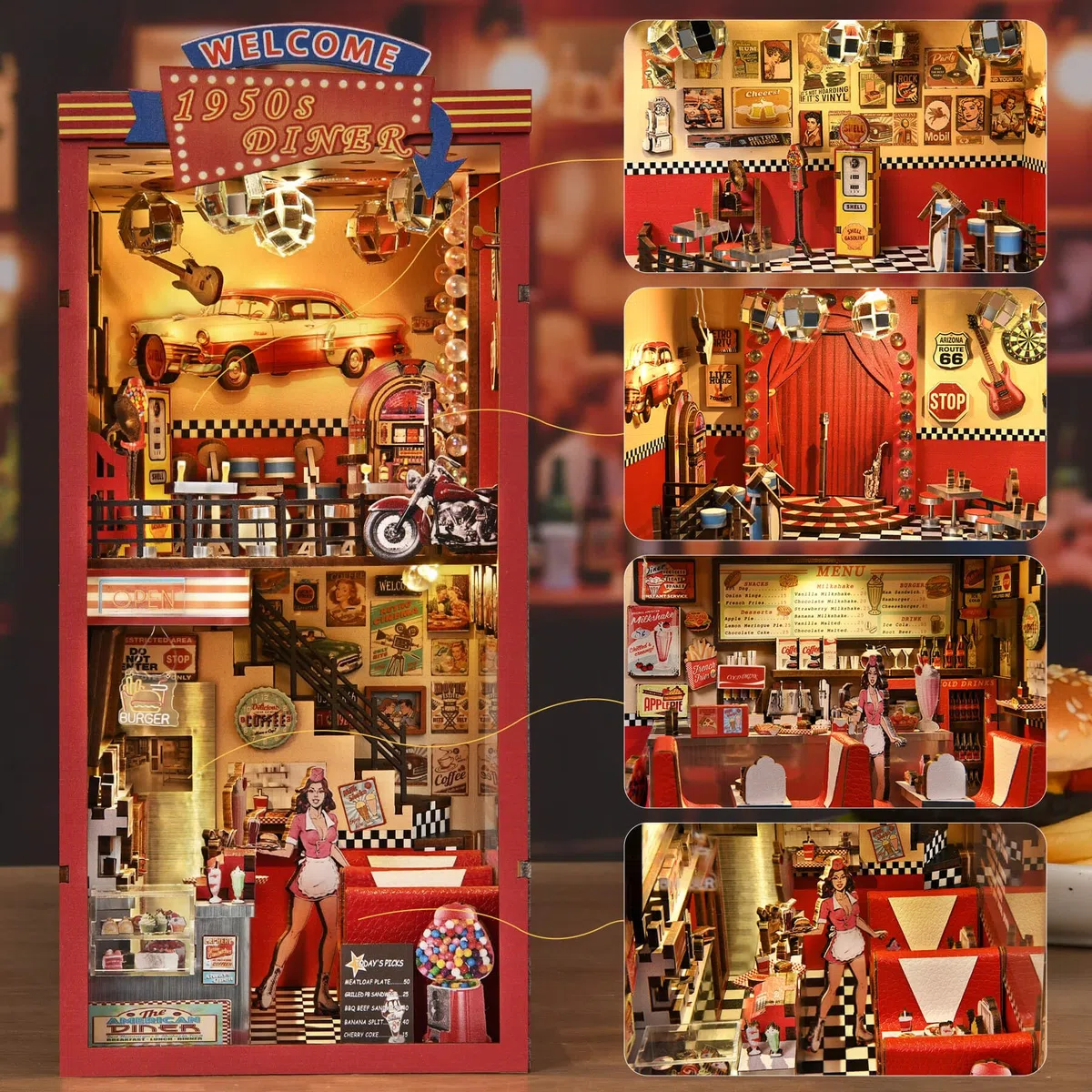 fifijoy Book Nook Kit - DIY Miniaturhaus Puppenhaus Kit für Erwachsene und Jugendliche, Booknook Retro Diner Bücherregal Dekor 3D Holzpuzzle mit LED-Licht, Geschenke für Familie und Freunde (1950er