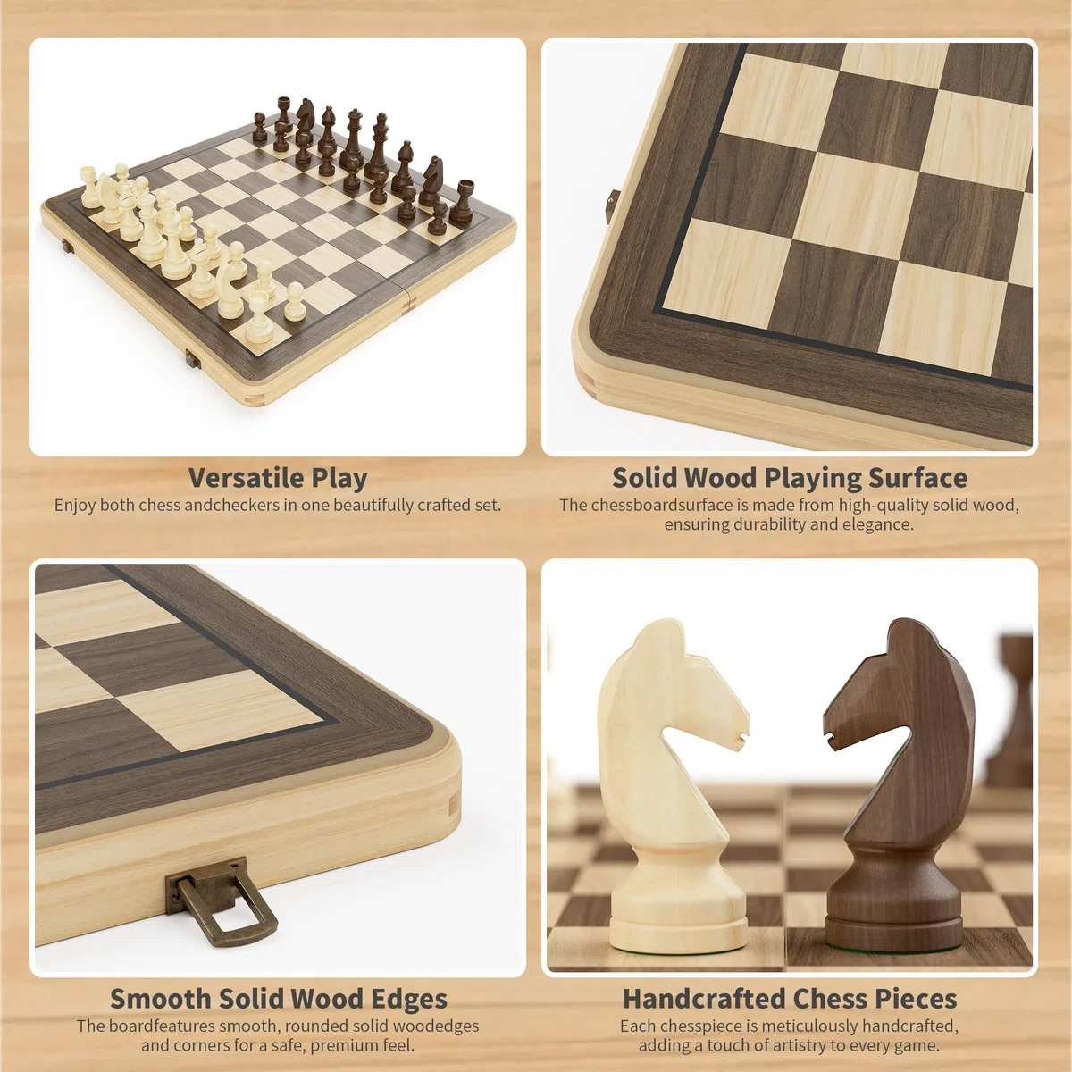 38 cm Holz Klapp-Schach- und Dame-Set, 2-in-1 Brettspiel, 7,6 cm König Staunton Figuren, 2 zusätzliche Damen (Black)