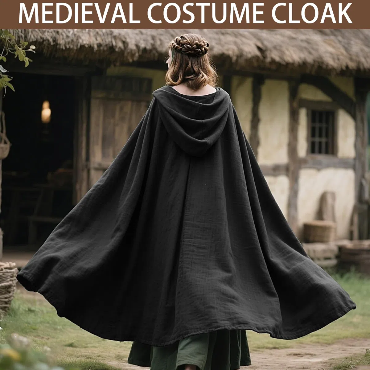 Mittelalter Umhang Leinen Kapuzenumhang, Renaissance Kapuzenumhang, Mittelalter Kleidung Unisex, Halloween Karneval Mittelalter Kapuzenmantel (Schwarz)