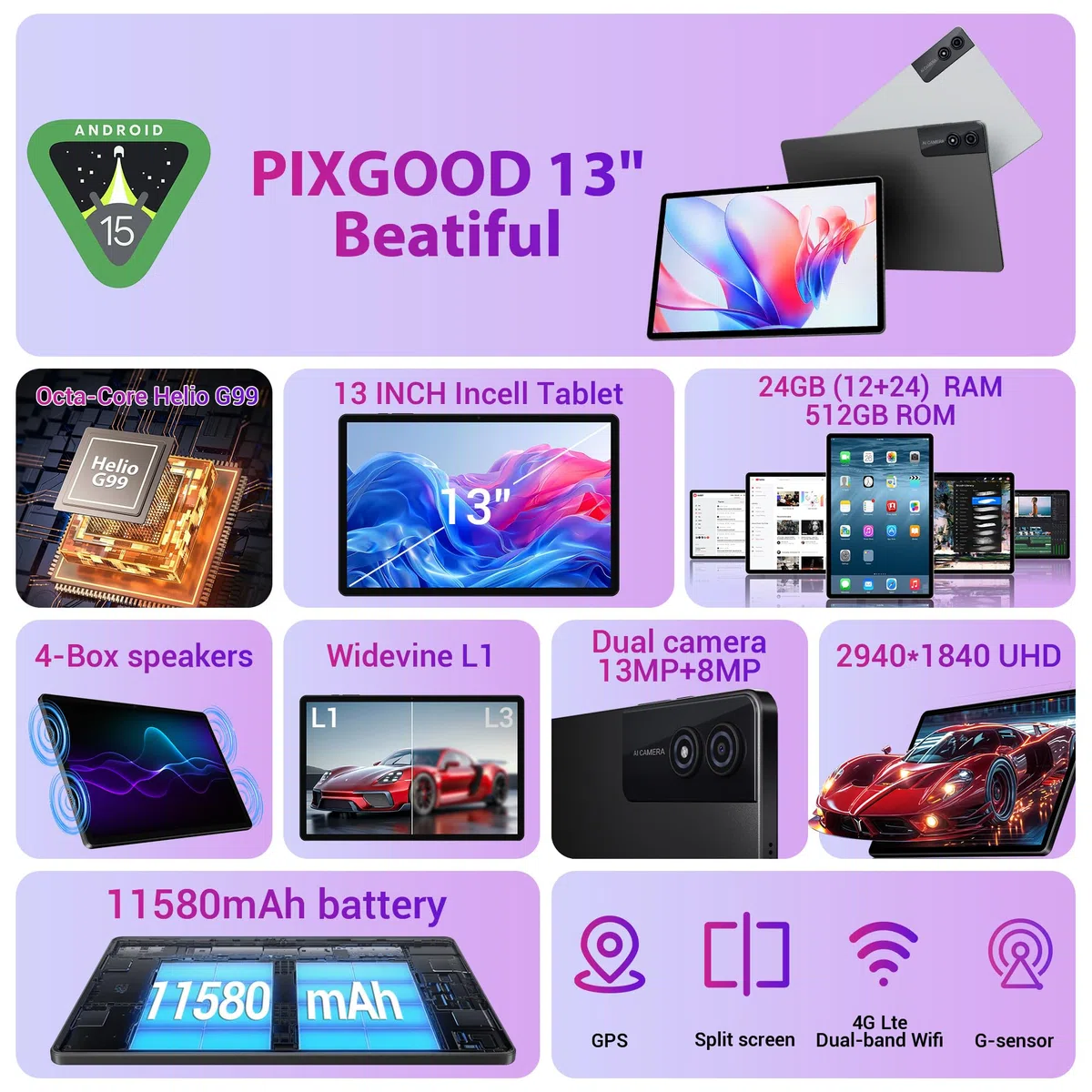3K 13 Zoll Android 15 Tablet, 36GB RAM, 512GB ROM (erweiterbar auf 2TB), 4G LTE丨5G WLAN, 2940 x 1840, 11580mAh, Octa-Core, 13MP+8MP, Tablet mit Tastatur丨GPS丨Bluetooth丨4 Lautsprechern(Schwarz)