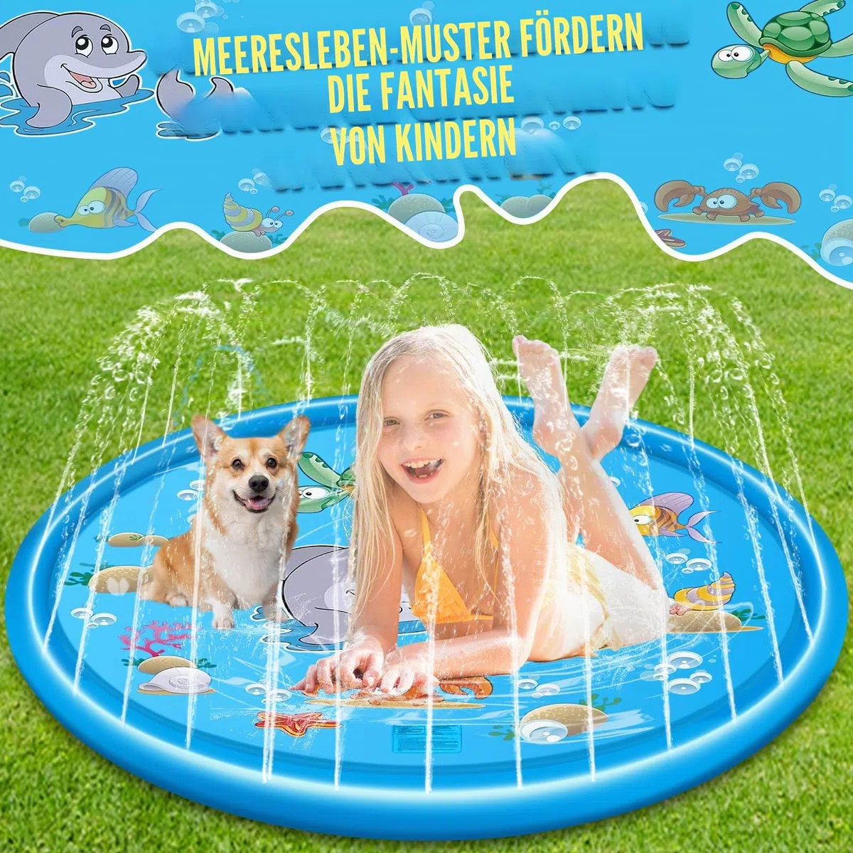Splash Pad 170cm Anti-Rutsch Sprinkler Matte, Faltbarer Splash Sprinkler Pad, Sprinkler Play Matte für Kinder und Haustiere für Sommer, Garten, DraußEn
