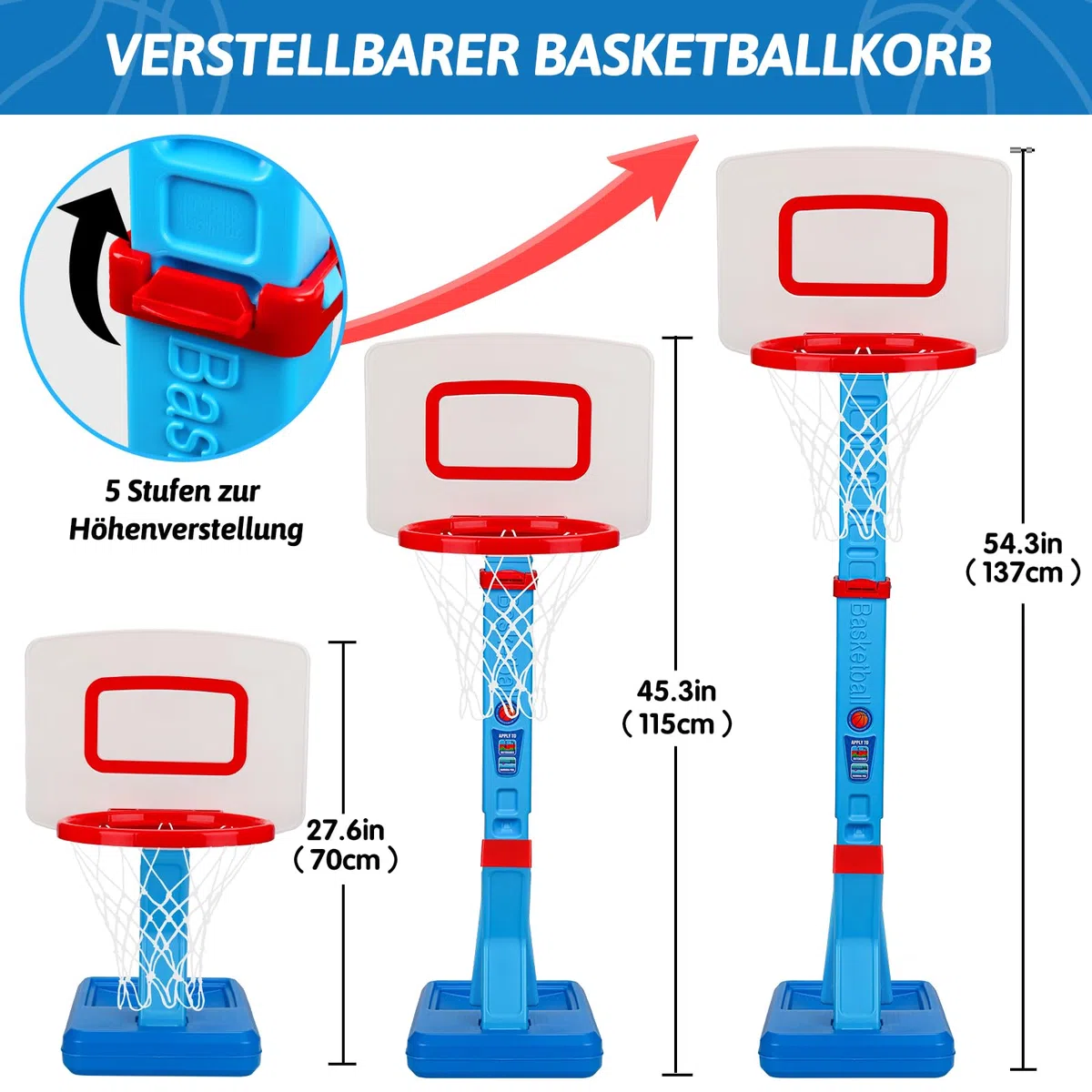 Basketballkorb Kinder Indoor Outdoor Spielzeug ab 2 3 4 Jahre, Höhenverstellbarer Basketballkorb 70-137cm mit Basketballs & Pumpe, Kinderspielzeug Geschenk für Jungen Mädchen ab 1 2 3 4 5 Jahre(Blau)