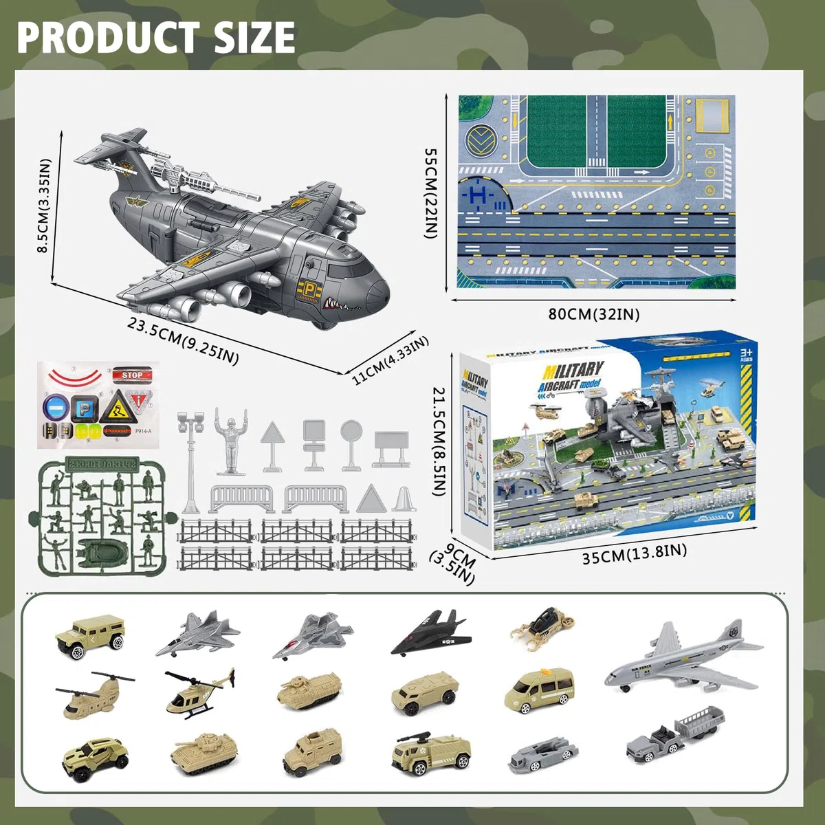 Militär Transport Fracht Flugzeug Militärflugzeug Autos Spielzeug mit Fahrzeug Soldaten Hubschrauber Kampf, Modell Spielzeug mit Figuren,Mini Armee Basis Spielkarte für Kinder 3+ Jungen Mädchen