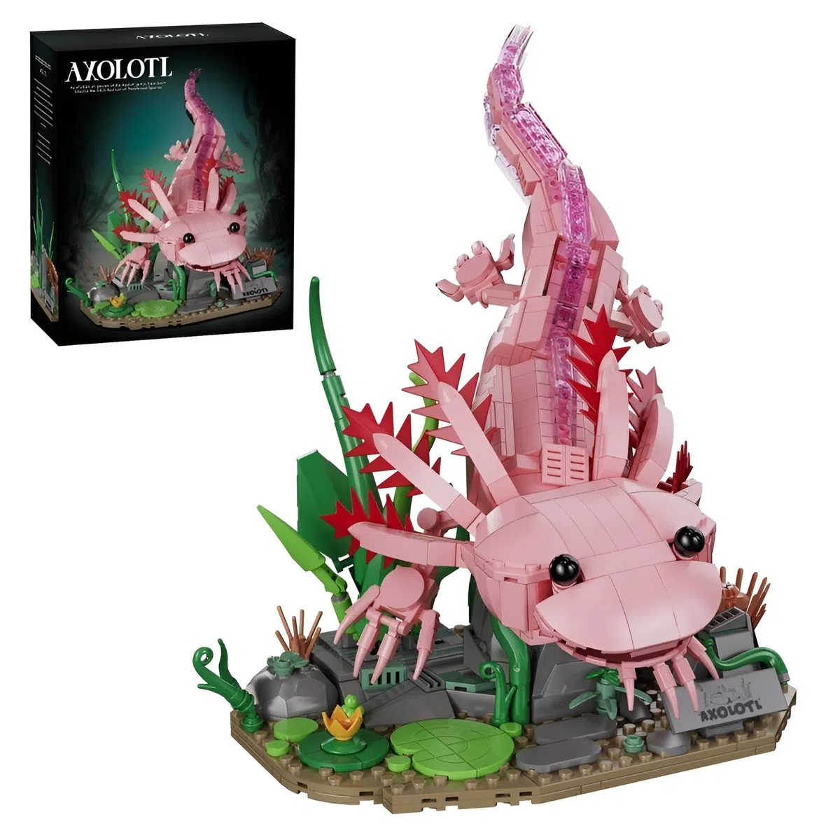 Axolotl Bausteine Bausatz für Erwachsene, 998 Teile Axolotl Klemmbausteine mit Wasserpflanzen-Sockel, Tier-Modell, STEM-Lernspielzeug, Dekoration für das Homeoffice, Geschenk für Naturliebhaber 14+