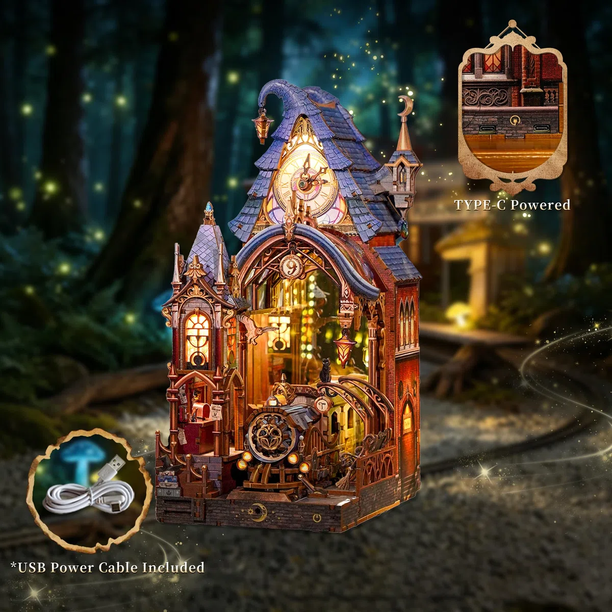 Tonecheer 3D Holzpuzzle Book Nook Kit, LED Zauberwelt Miniatur Bastelset, Interaktives DIY Bücherregal Regaldekor, Gothic Deko Geschenk für Erwachsene und Fans(Magischer Bahnsteig)