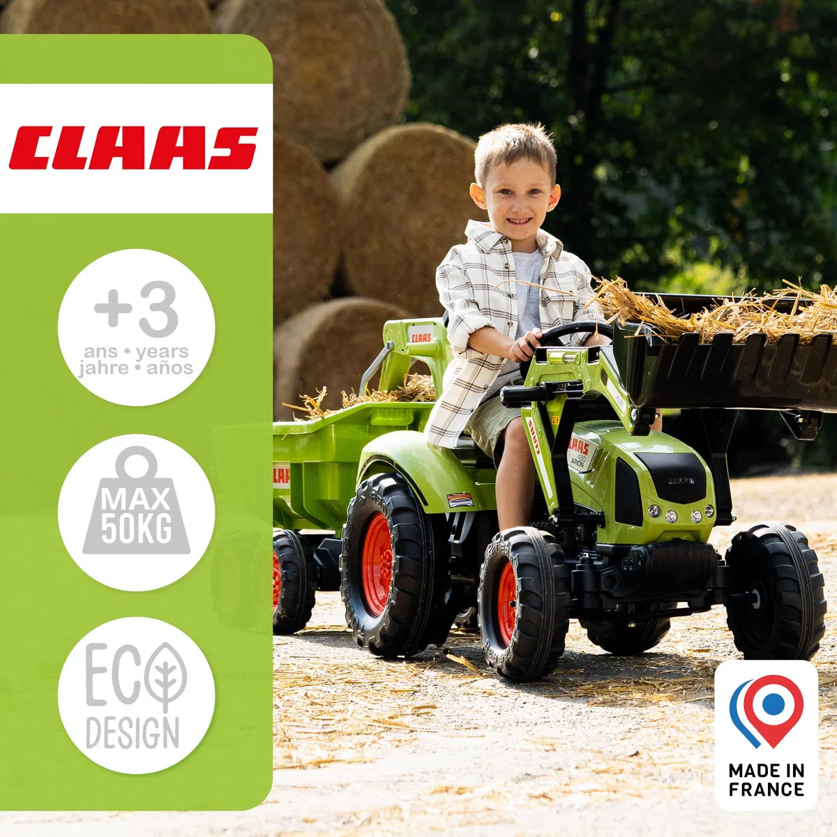 FALK - Bagger mit Pedalen Claas mit Bagger und Maxi-Kippanhänger – ab 3 Jahren Schaufel vorne und Bagger mit Gelenken – Drehbarer Sitz – 2070 W