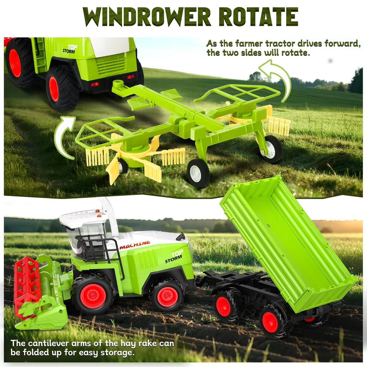 RC Mähdrescher Spielzeug Set mit Anhänger & Schwader, 2,4 GHz Ferngesteuert mit Licht & Sound, Robuster Traktor Spielzeug Kinder Geschenk ab 3 Jahre für Weihnachten/Geburtstag