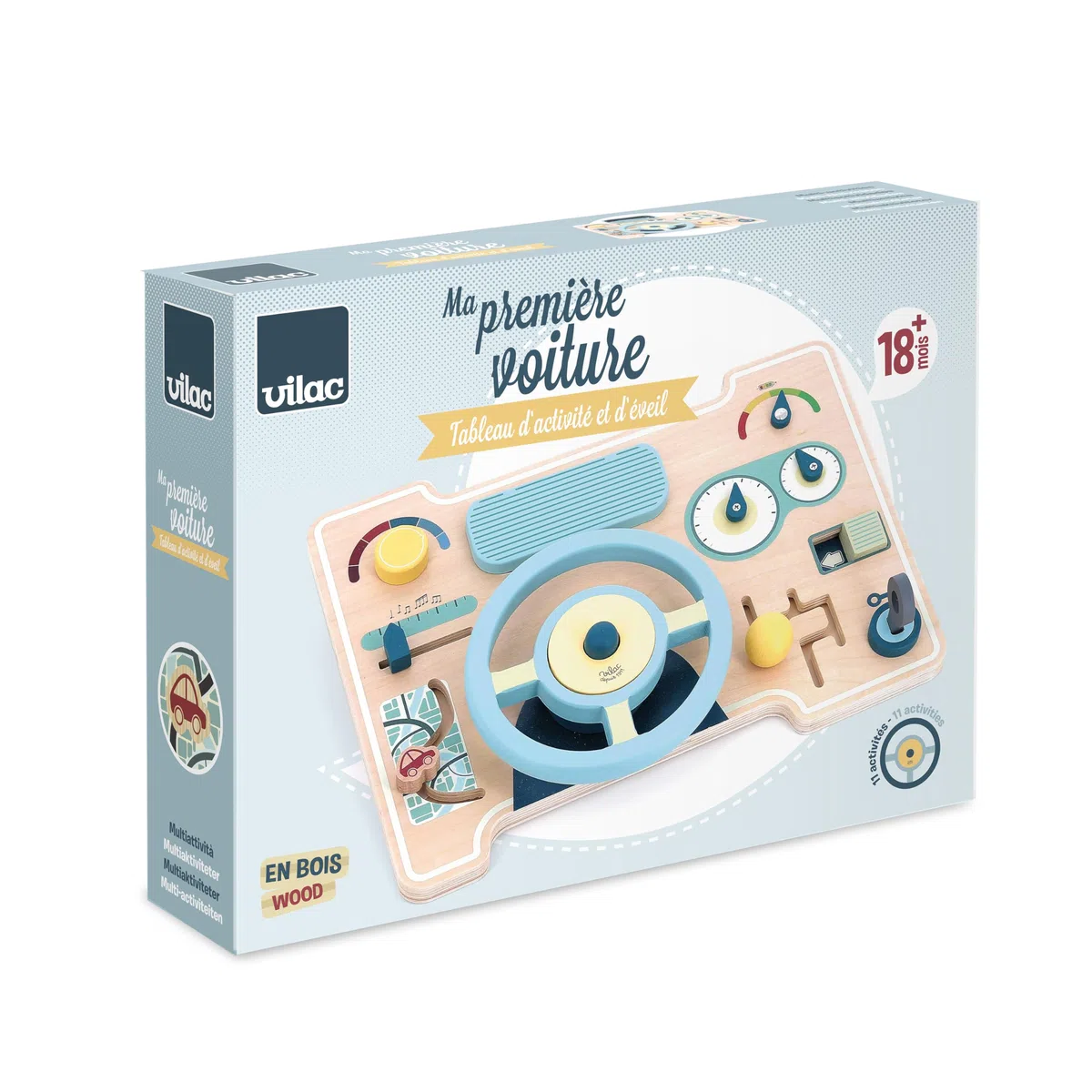 VILAC - Mein erstes Auto Aktivitäts- und Erlebnistafel – Spielzeug für Kleinkinder – 1 Armaturenbrett für mehrere Aktivitäten aus Holz – Spielzeug für Kinder ab 18 Monaten – 2144