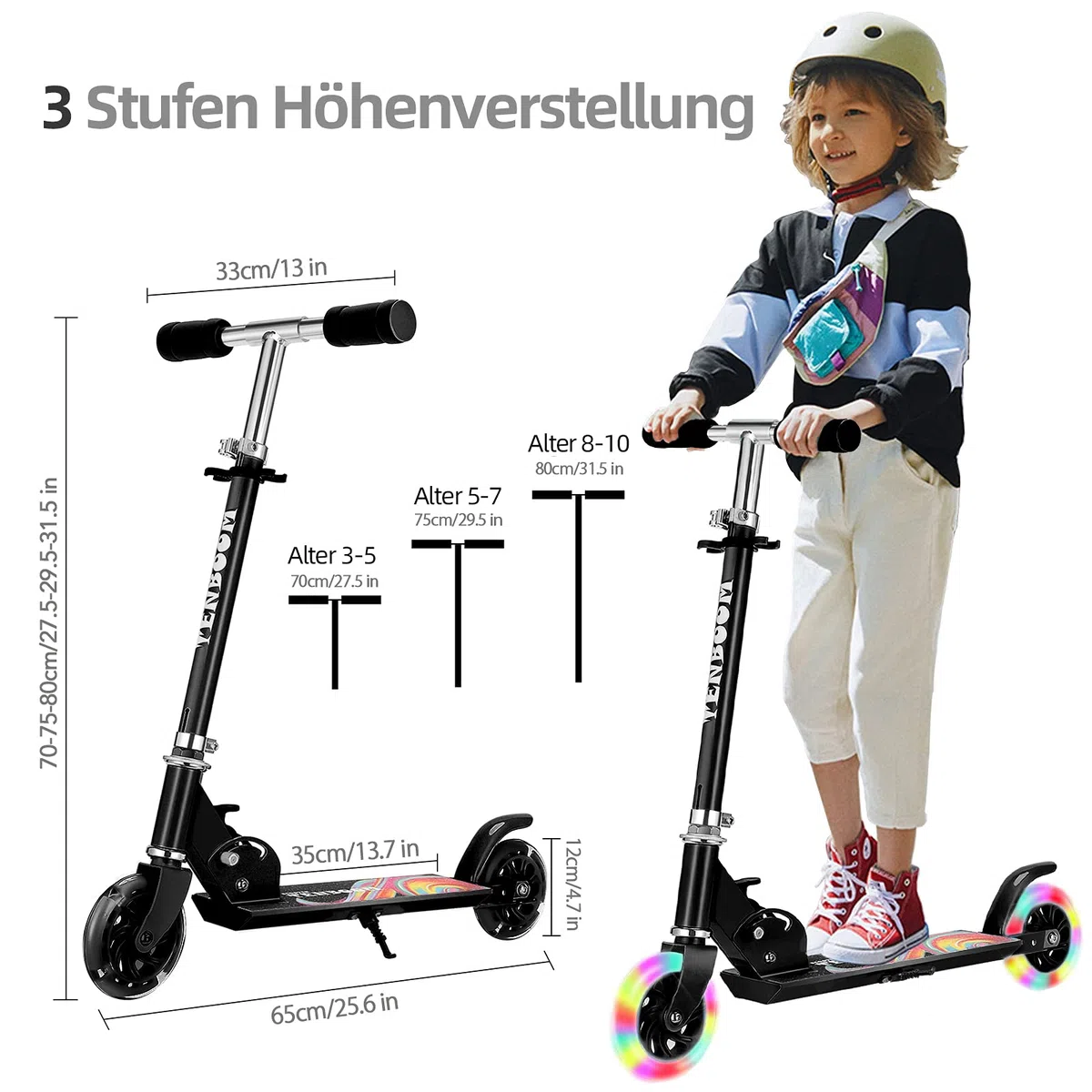 TENBOOM Roller Kinder ab 3 Jahre, 2 Räder Klappbar Scooter,3 Höhenverstellbare Kinderroller,Led-räder Kinderscooter für Mädchen Jungen