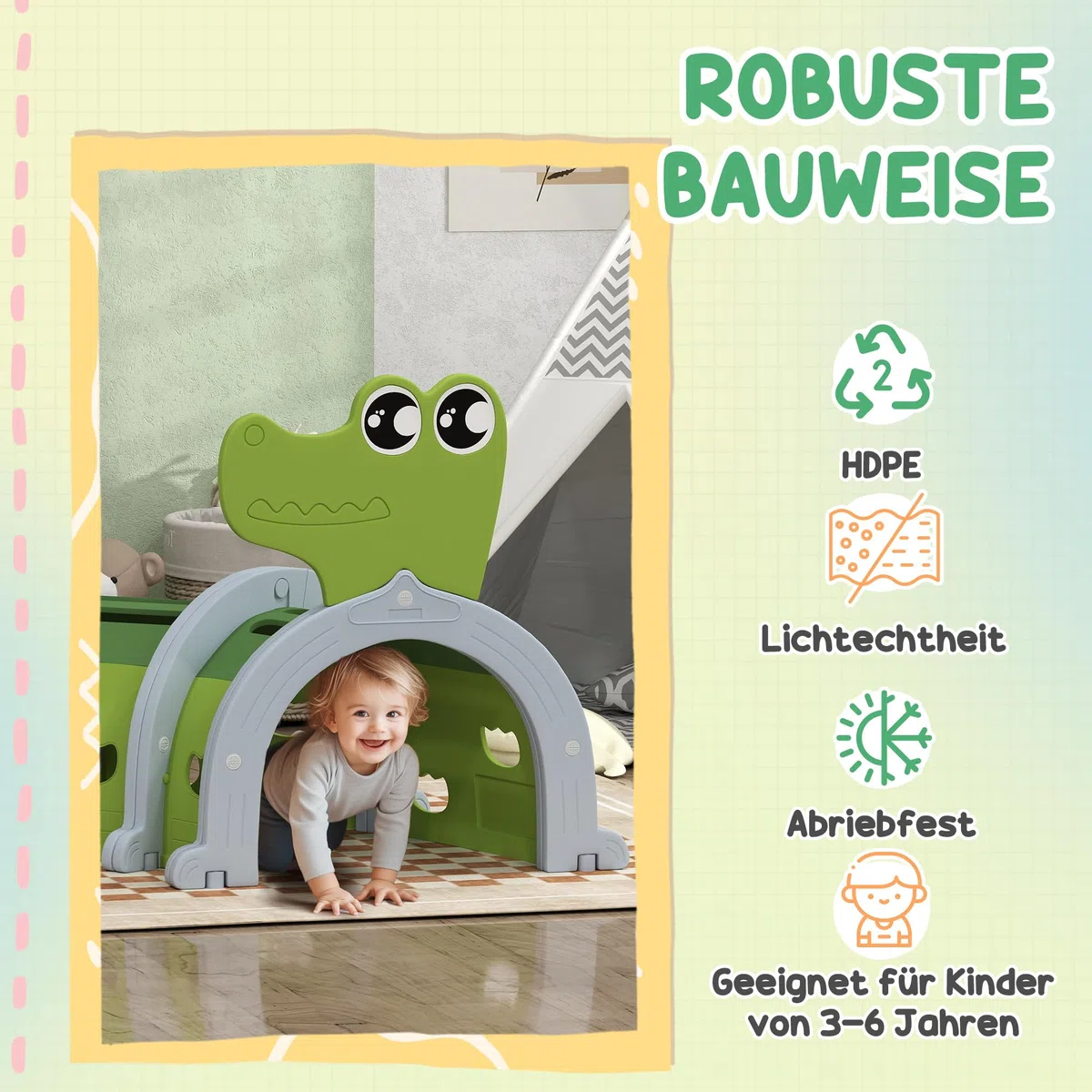 AIYAPLAY Spieltunnel 194 cm Kinder Tunnel aus HDPE Krabbeltunnel in Cartoon-Krokodil Kriechtunnel für Kinder 3-6 Jahre, Grün