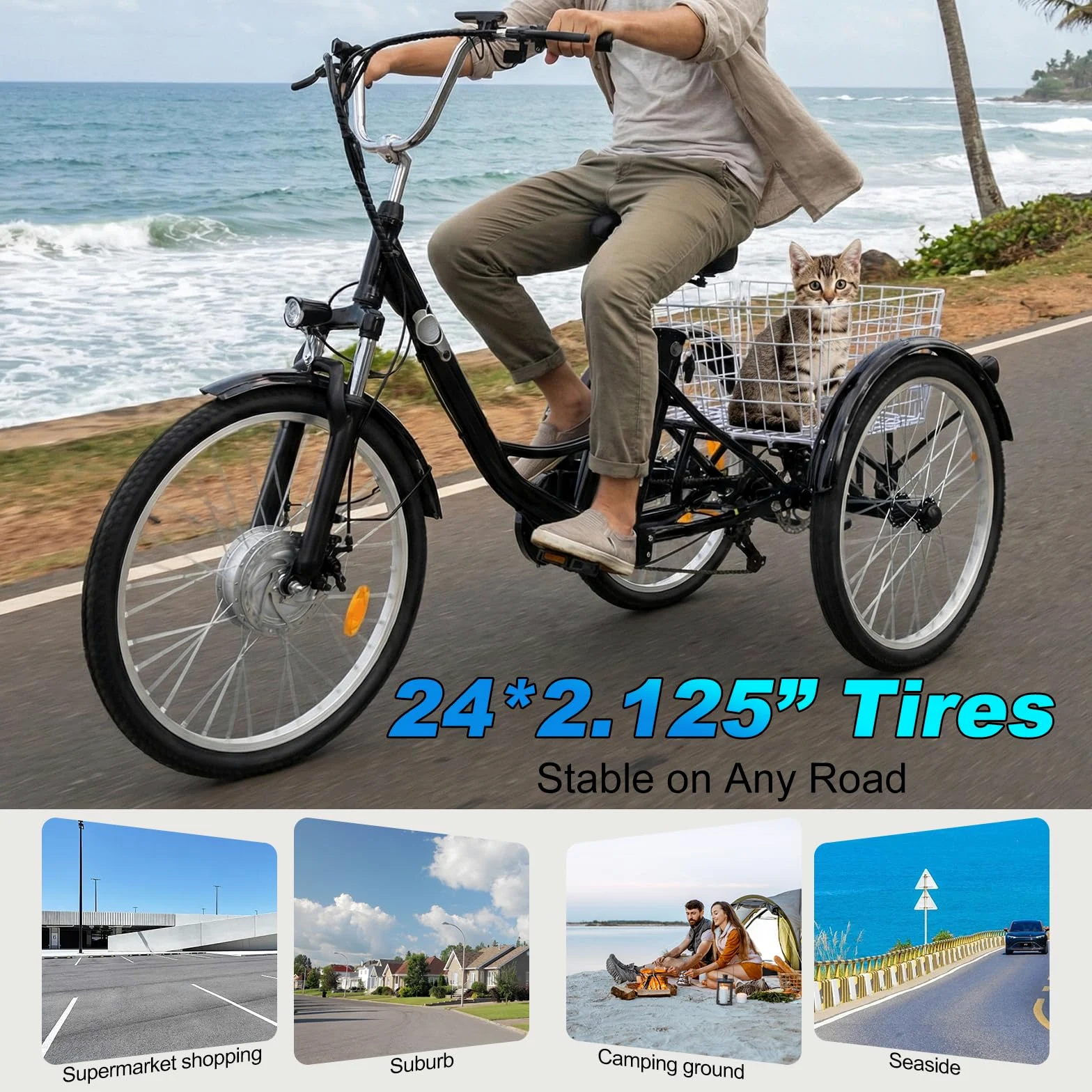 24 Zoll Elektrisches Dreirad für Erwachsene, 3-Rad-7-Gang-Seniorenfahrrad mit Einkaufskorb, mit G51 LCD-Display, 36V 15Ah Senioren-Transportdreirad, Outdoor Fahren Dreirad Freizeit Cityräder