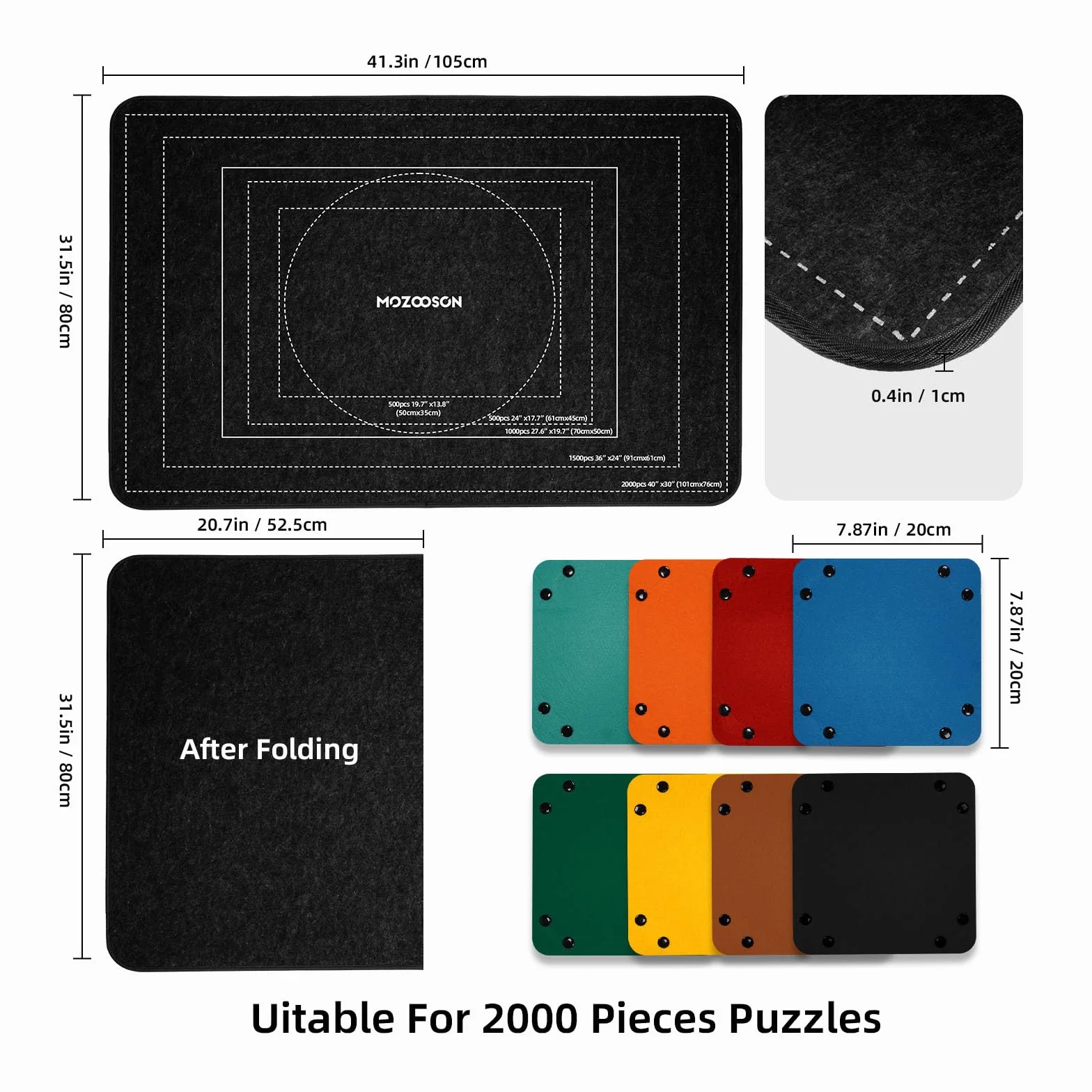 MOZOOSON Faltbares Puzzlebrett, Puzzlematte 2000 Teile mit Abdeckung, Puzzle-Aufbewahrung 41.3x31.5in Jigsaw Puzzle Zubehör für Verschieben und Speichern (8 Sorting Trays & 1 Cover), Schwarz-1