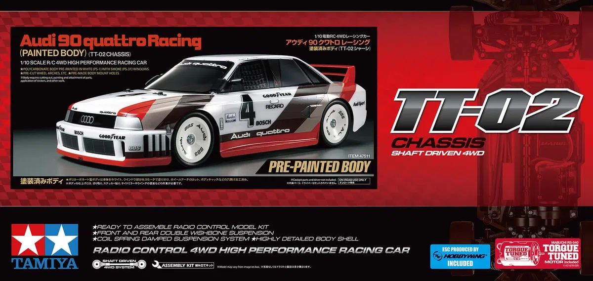 Tamiya 47511 1:10 RC Audi 90 Quattro Racing Lackiert TT-02 - ferngesteuertes Auto, Fahrzeug, Modellbau, Zusammenbauen, Hobby, RC Bausatz, Weiß, Smoke