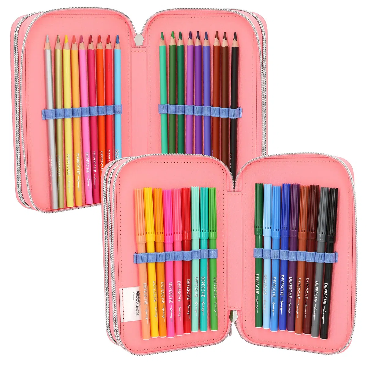 Depesche 12950 TOPModel - Gefüllte 3-Fach Federtasche in Rosa, mit Model Motiv und Wendepailletten, Federmappe mit Buntstiften, Lineal, Schere uvm.