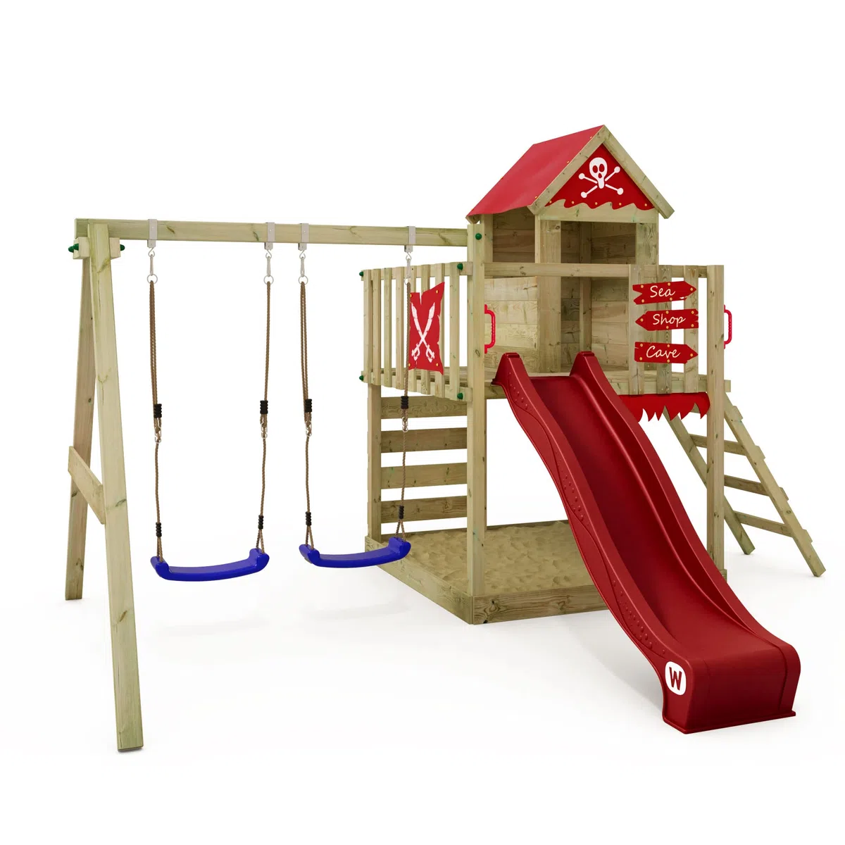 WICKEY Spielturm Klettergerüst Smart Cave mit Schaukel & roter Rutsche, Outdoor Kinder Kletterturm mit Sandkasten, Leiter & Spiel-Zubehör für den Garten