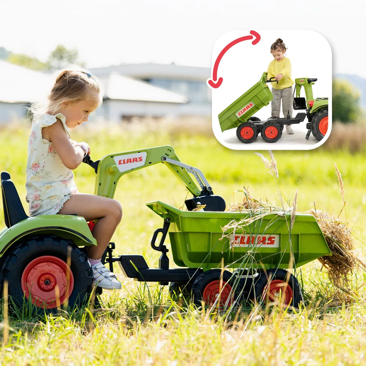 FALK - Bagger mit Pedalen Claas mit Bagger und Maxi-Kippanhänger – ab 3 Jahren Schaufel vorne und Bagger mit Gelenken – Drehbarer Sitz – 2070 W