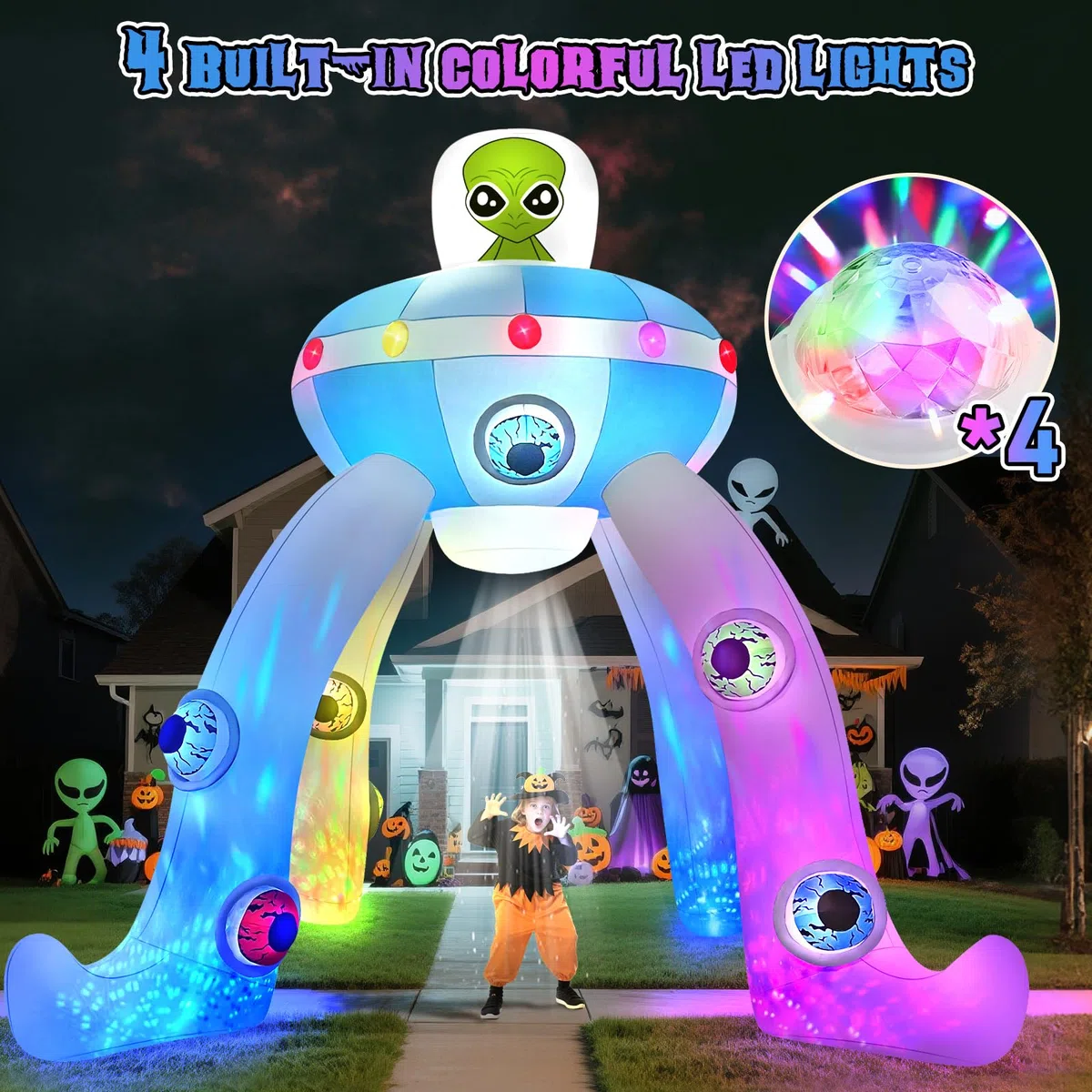 Kalolary 12FT Halloween Hüpfburgen, riesiger Alien Bogen mit integrierten bunten Blinklichtern,Halloween Dekoration für den Außenbereich, für Garten, Rasen und Innenräumer (Alien UFO Torbogen)