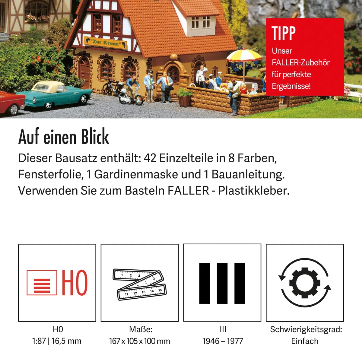 FALLER Gasthaus Zur Krone Modellbausatz mit 42 Einzelteilen 167 x 105 x 100 mm I Modelleisenbahn Zubehör H0 I Modelleisenbahn H0 Gastro-Fachwerkhaus, Divers