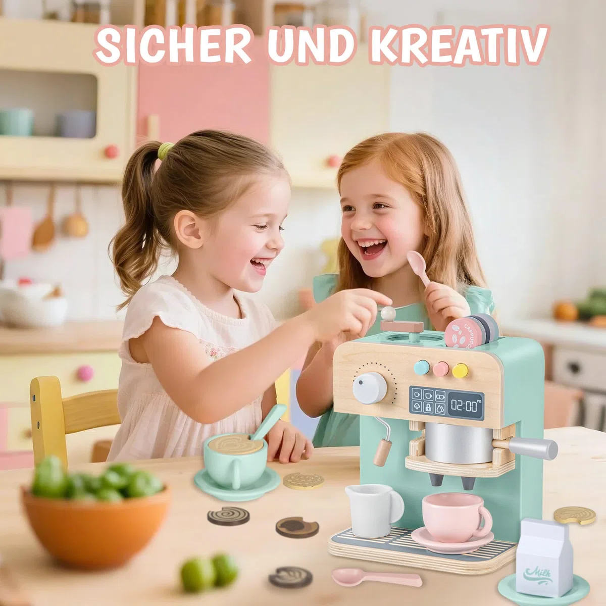 YOOHBERRYS Kaffeemaschine Kinder Holz, 22 Stück Kinderküche Kaffeemaschine, Espressomaschine Holzspielzeug mit Mühle, Spielküche Zubehör kaffeeservice Rollenspiele Geschenk für Kinder ab 3 Jahre
