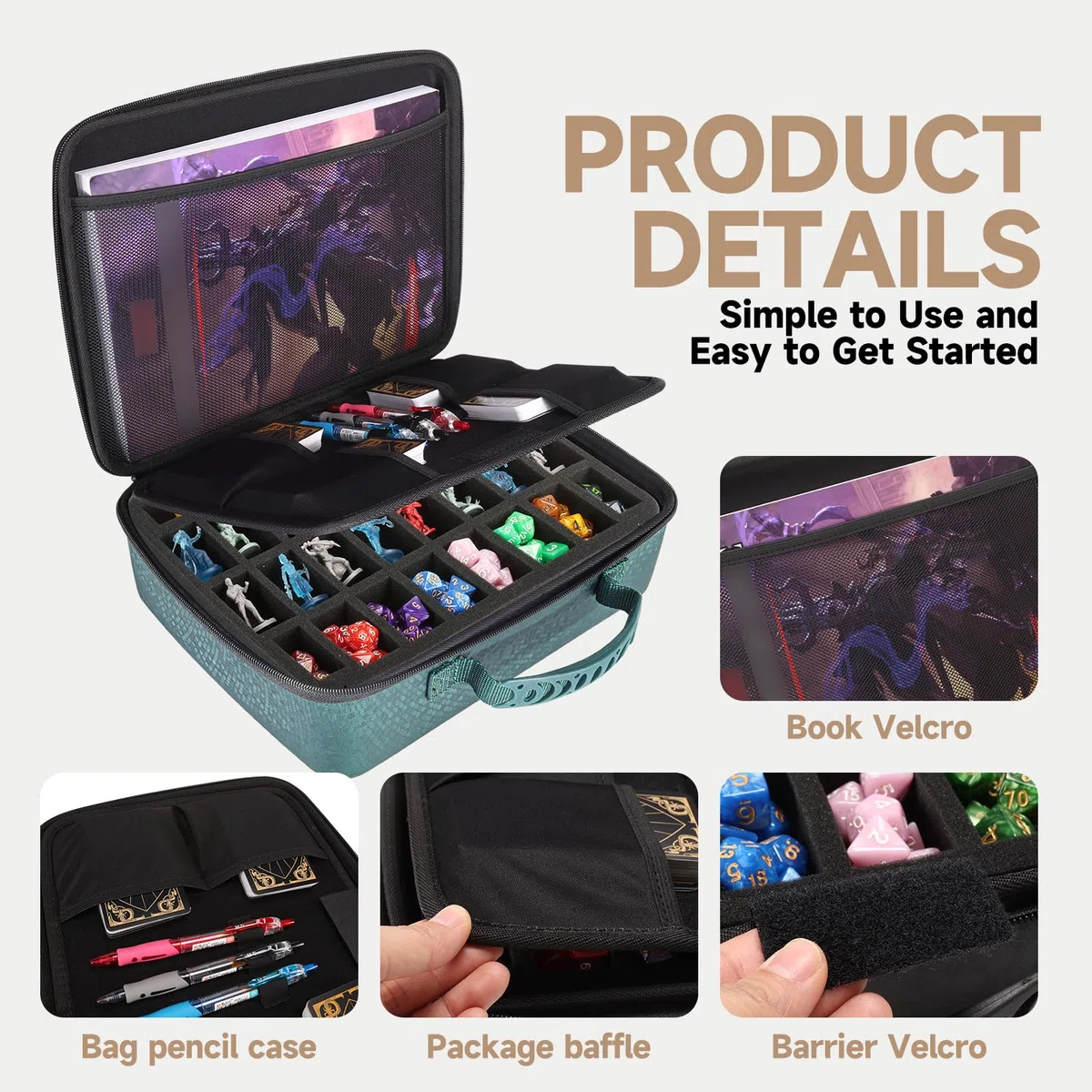 RPG Reisetasche Kompatibel mit Dungeons and Dragons Miniaturen, DND Miniaturen Aufbewahrung, Würfeletui für DND Würfel Set, Miniature Storage Travel Bag Kompatibel mit Warhammer 40k (Grün)