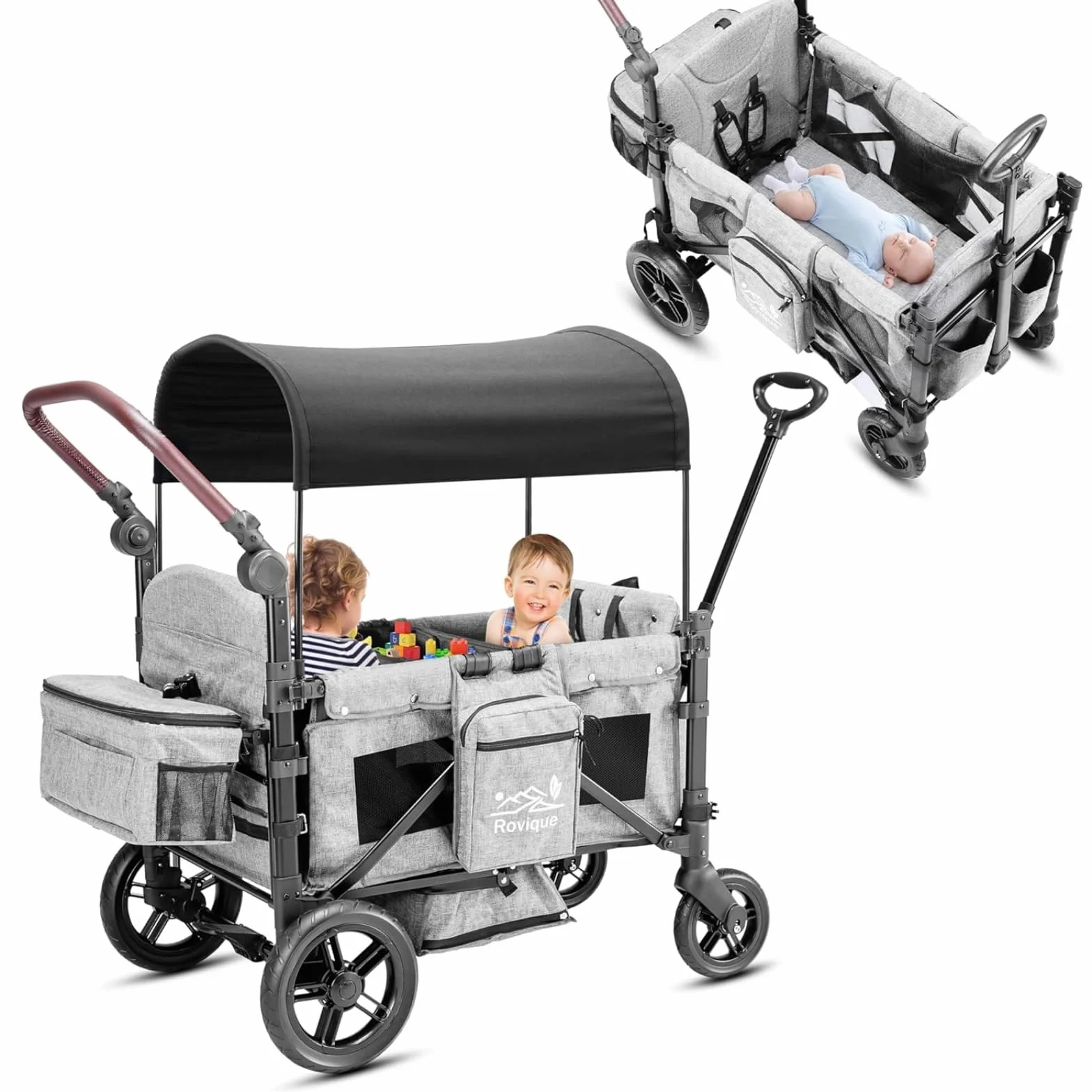 Bollerwagen faltbar mit Dach,Premium Bollerwagen für 2 Kinder Doppel-Kinderwagen Handwagen mit Dach,Snack Tablett,5-Punkt-Gurt,geländegängigen PU-Rädern Transportwagen Ziehen & Schieben,grau